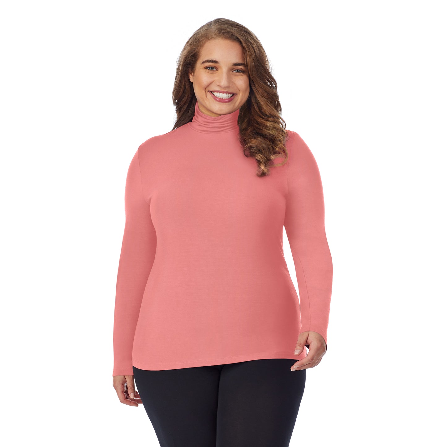 Bright Coral; Model is wearing size 1X. She is 5'7", Bust 42.5", Waist 34.5", Hips 46". @A lady wearing a bright coral long sleeve stretch turtleneck t-shirt plus.