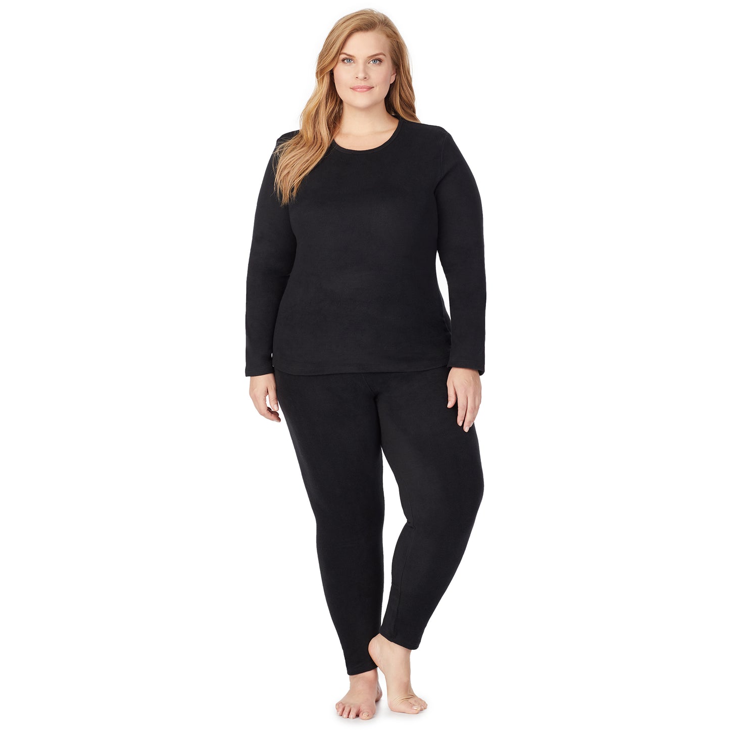 Black; Model is wearing size 1X. She is 5'9", Bust 38", Waist 36", Hips 48.5".@a lady wearing black legging !59% Polyester, 35% Recycled Polyester, 6% Spandex !
