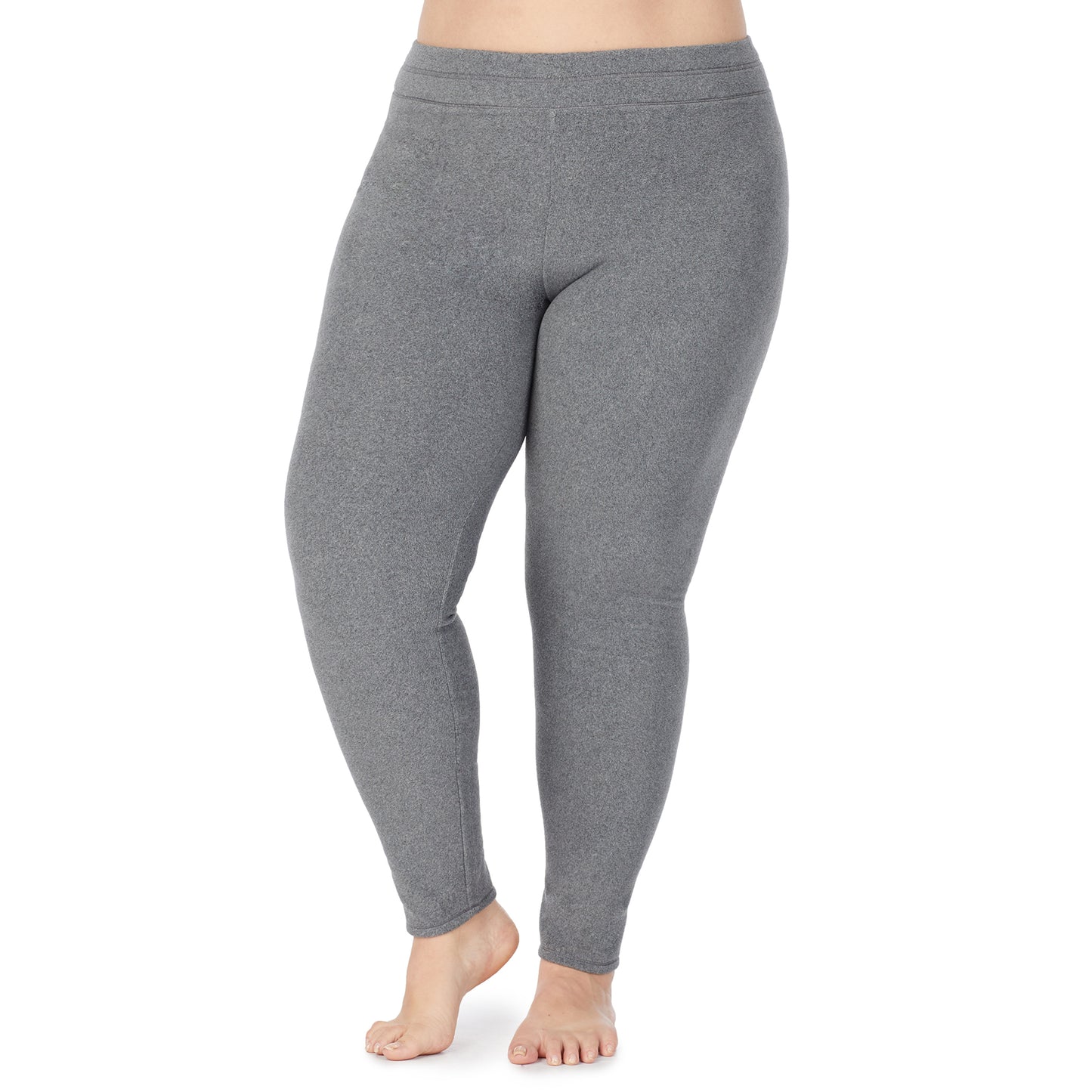 Charcoal Heather; Model is wearing size 1X. She is 5'9", Bust 38", Waist 36", Hips 48.5".@lower body of a lady wearing grey legging !59% Polyester, 35% Recycled Polyester, 6% Spandex !