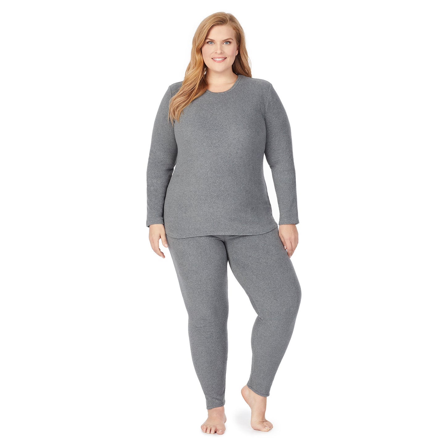 Charcoal Heather; Model is wearing size 1X. She is 5'9", Bust 38", Waist 36", Hips 48.5".@lower body of a lady wearing grey legging !59% Polyester, 35% Recycled Polyester, 6% Spandex !
