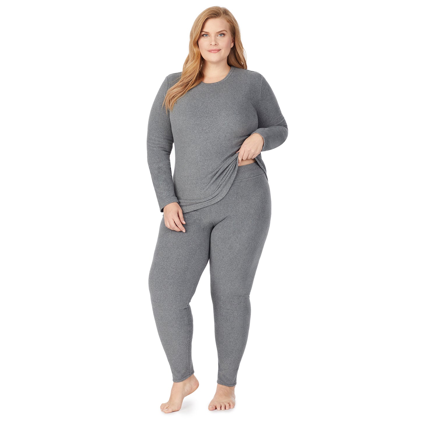 Charcoal Heather; Model is wearing size 1X. She is 5'9", Bust 38", Waist 36", Hips 48.5".@lower body of a lady wearing grey legging !59% Polyester, 35% Recycled Polyester, 6% Spandex !