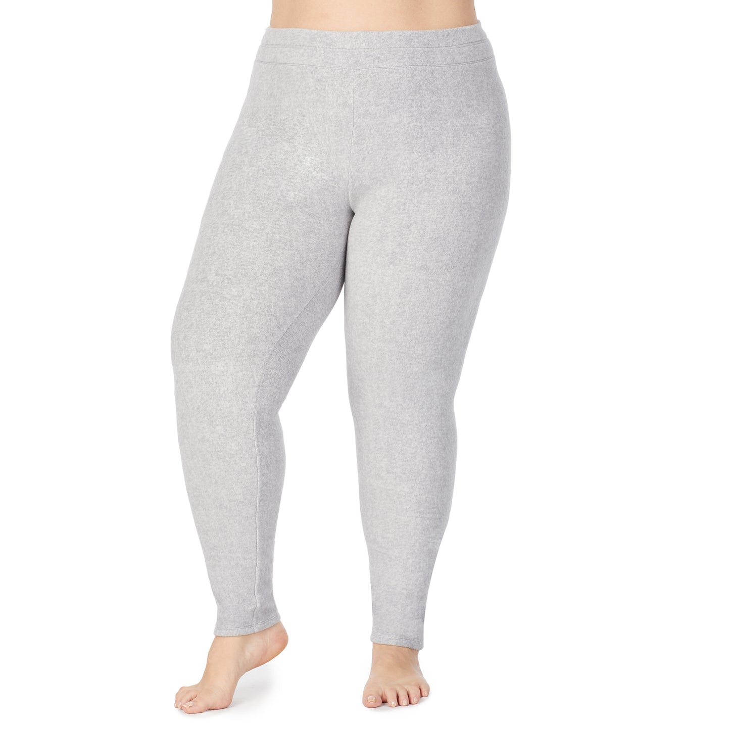 Light Grey Heather; Model is wearing size 1X. She is 5'9", Bust 38", Waist 36", Hips 48.5".@lower body of a lady wearing light grey legging !59% Polyester, 35% Recycled Polyester, 6% Spandex !