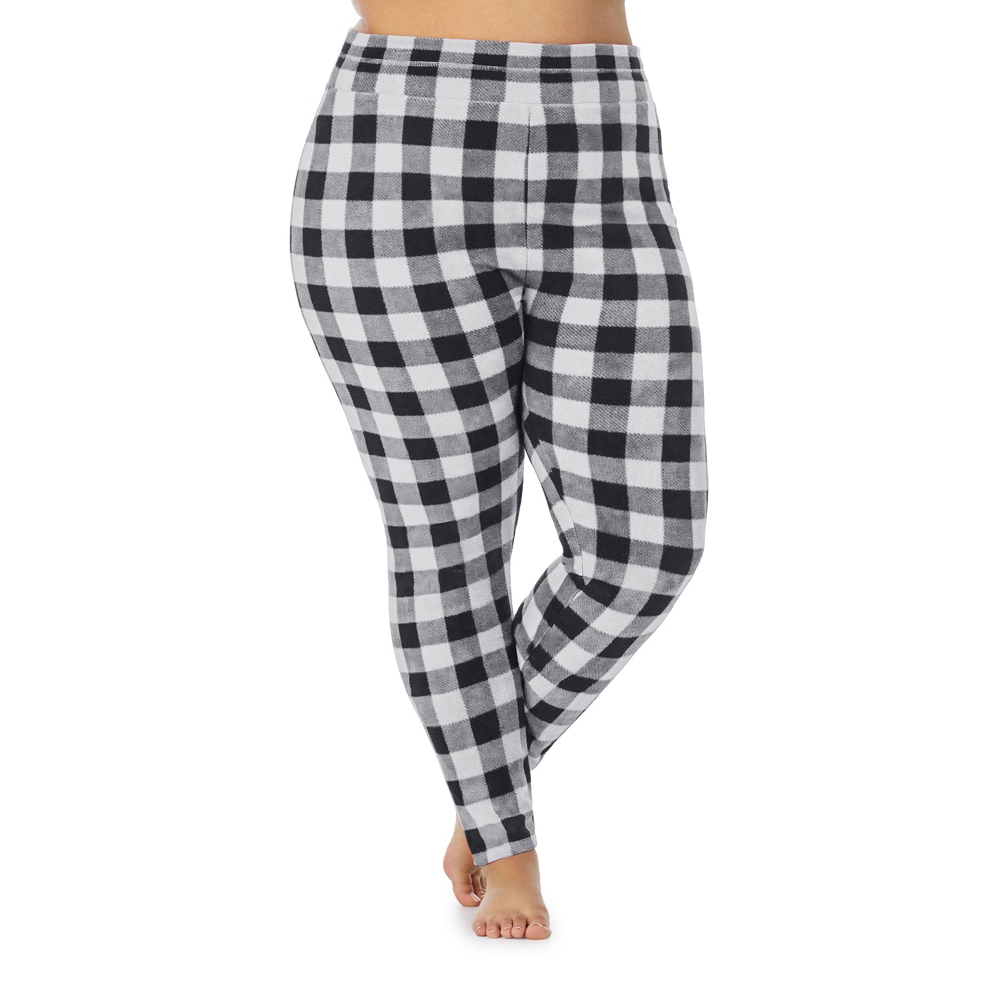 Grey Buffalo Check; Model is wearing size 1X. She is 5'9", Bust 38", Waist 36", Hips 48.5".@lower body of a lady wearing grey buffalo legging !59% Polyester, 35% Recycled Polyester, 6% Spandex !