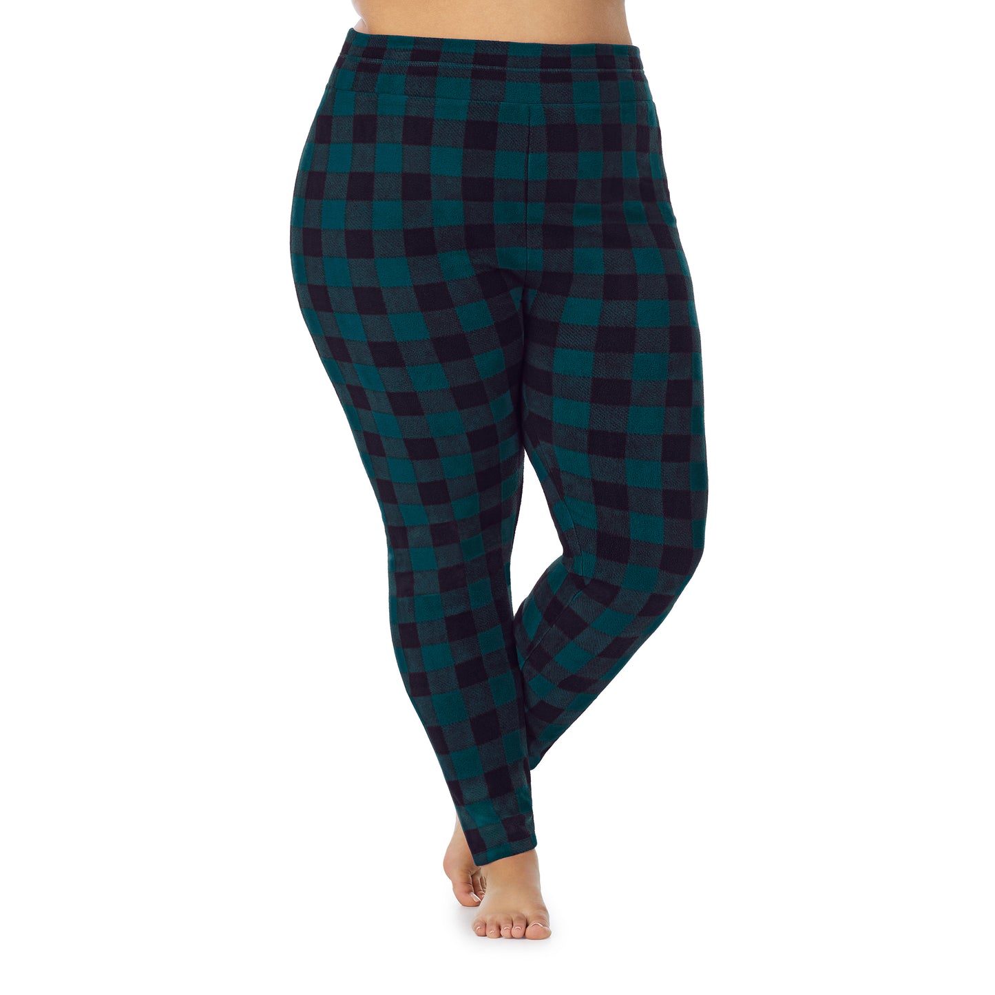 Green Buffalo; Model is wearing size 1X. She is 5'9", Bust 38", Waist 36", Hips 48.5".@lower body of a lady wearing green buffalo legging !59% Polyester, 35% Recycled Polyester, 6% Spandex !