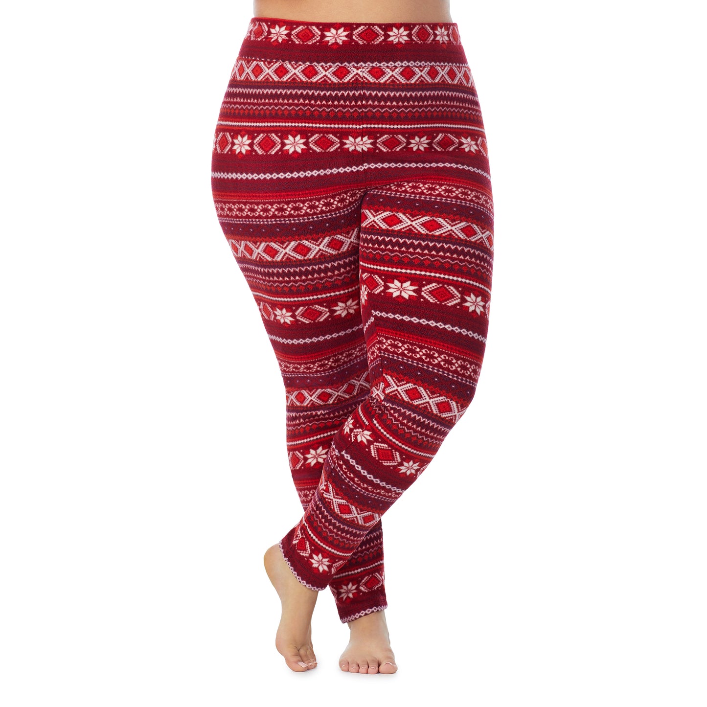 Rhubarb Fairisle; Model is wearing size 1X. She is 5'9", Bust 38", Waist 36", Hips 48.5".@lower body of a lady wearing red fairisle legging !59% Polyester, 35% Recycled Polyester, 6% Spandex !