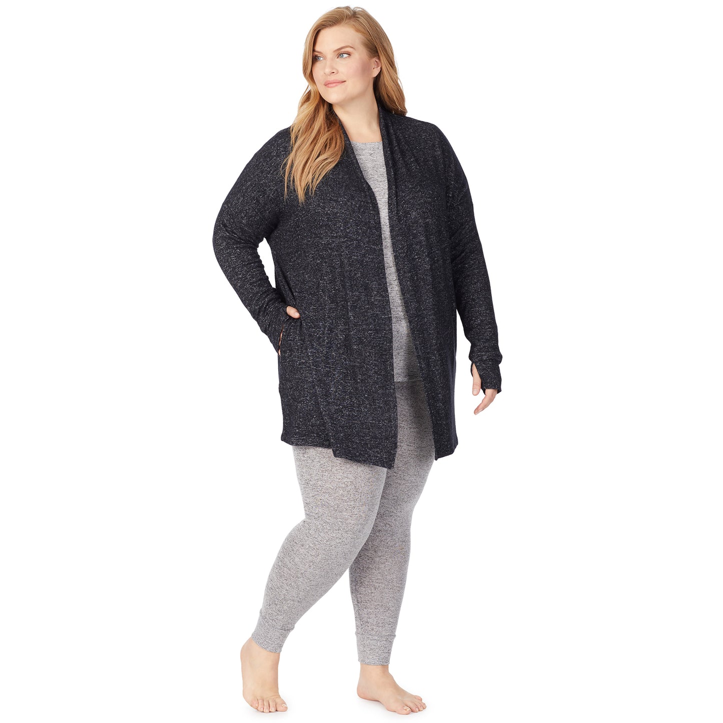 Marled Dark Charcoal; Model is wearing size 1X. She is 5'9", Bust 38", Waist 36", Hips 48.5". @A lady wearing a marled dark charcoal long sleeve wrap plus.
