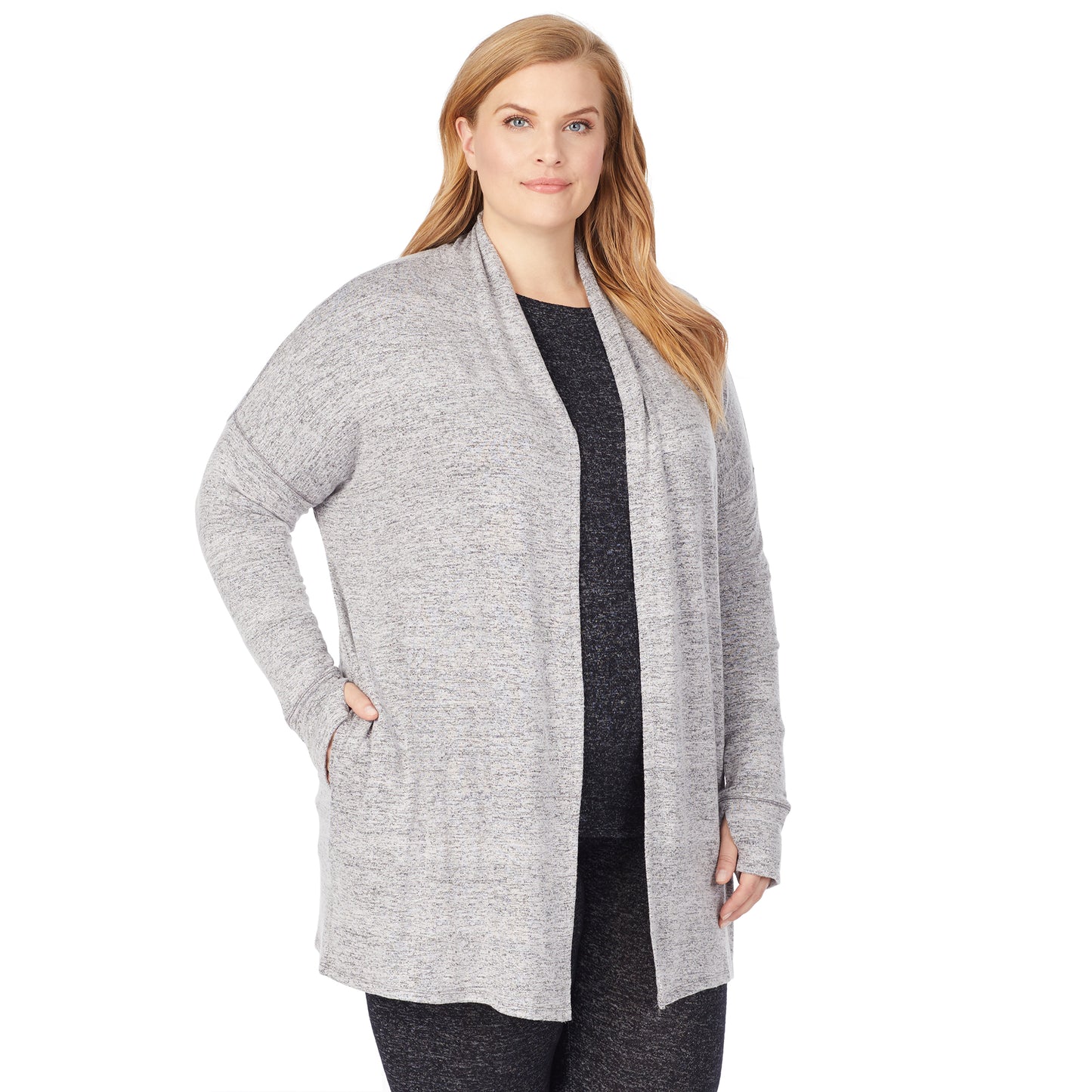 Marled Grey; Model is wearing size 1X. She is 5'9", Bust 38", Waist 36", Hips 48.5". @A lady wearing a marled grey long sleeve wrap plus.