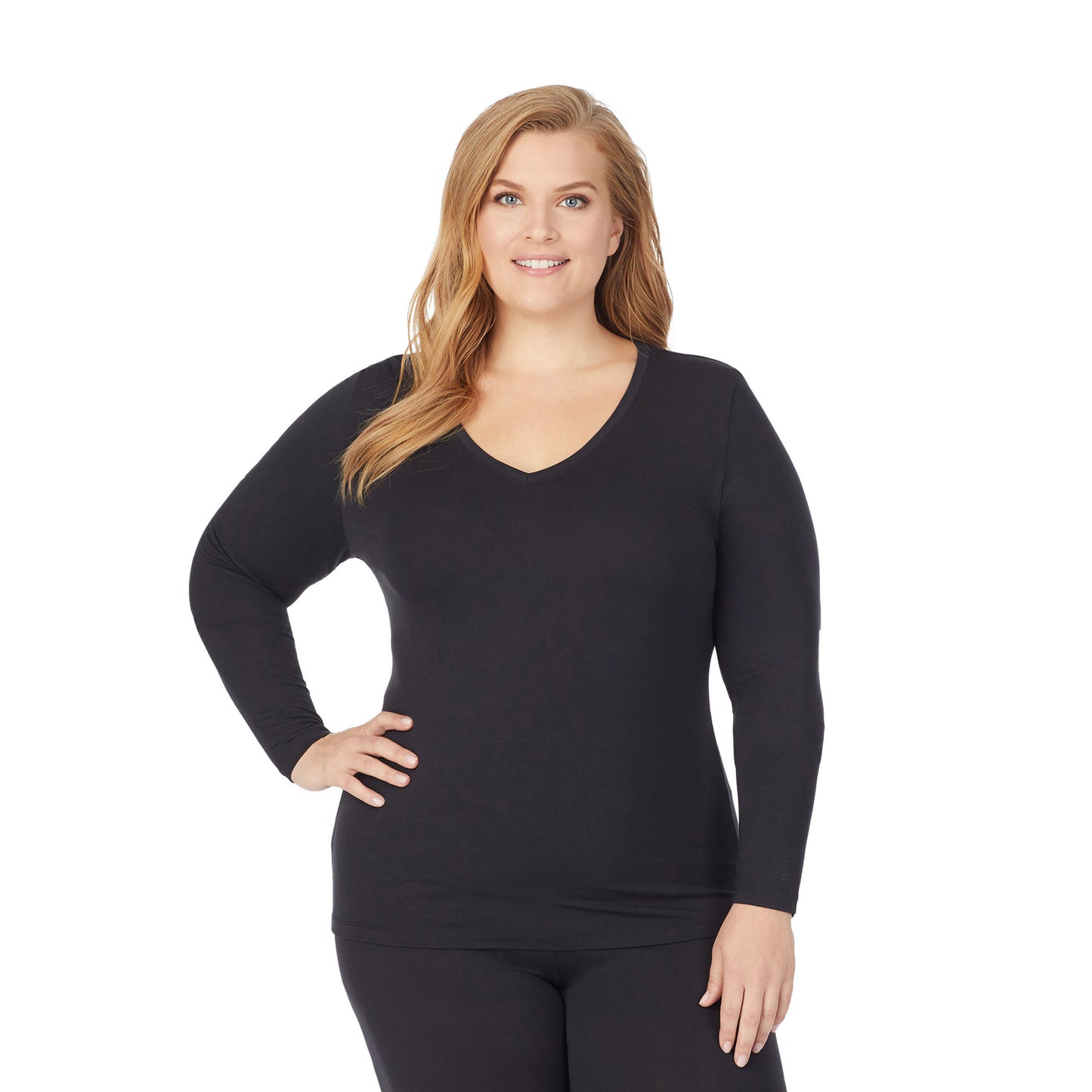 Black; Model is wearing size 1X. She is 5'9", Bust 38", Waist 36", Hips 48.5".@upper body of a lady wearing black long sleeve v-neck top