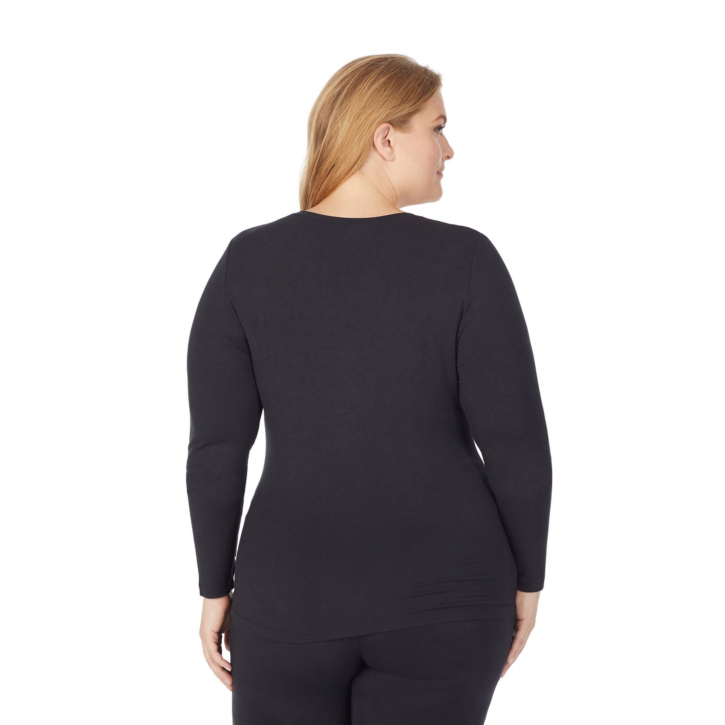 Black; Model is wearing size 1X. She is 5'9", Bust 38", Waist 36", Hips 48.5".@upper body of a lady wearing black long sleeve v-neck top