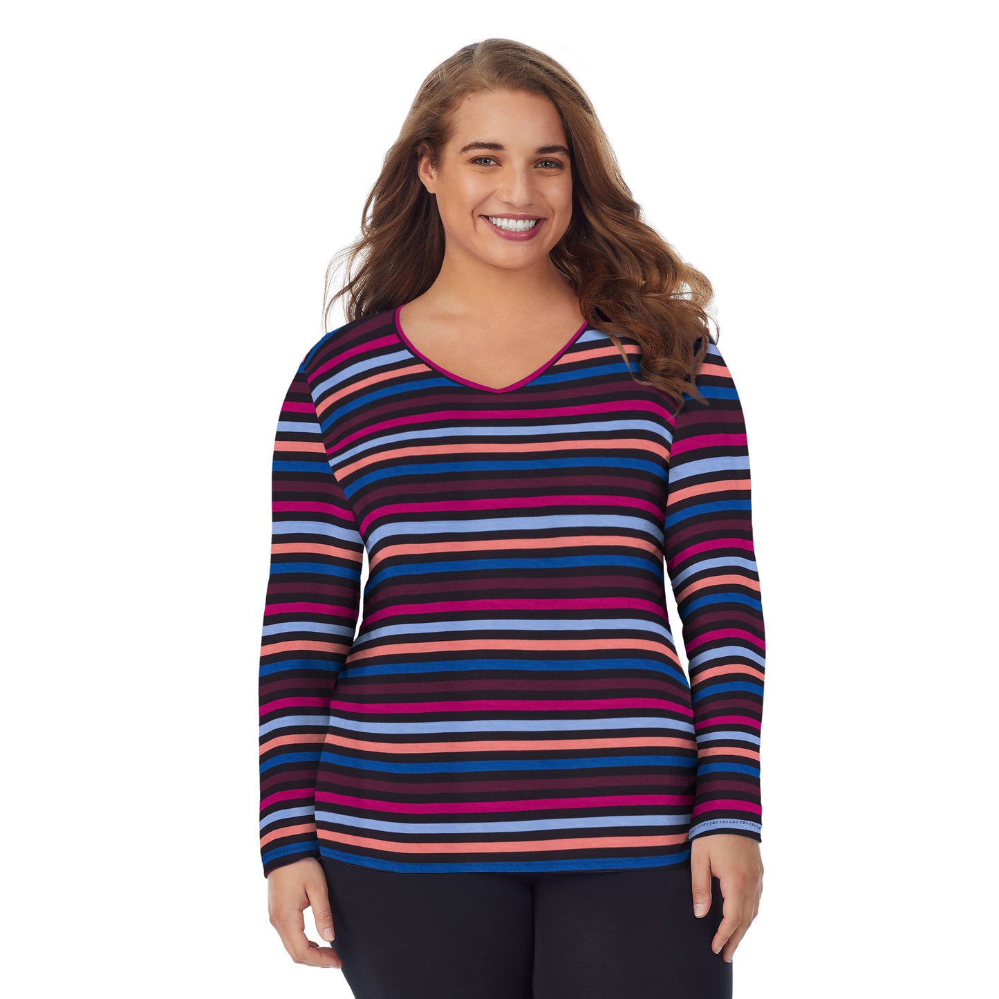 Multi Stripe; Model is wearing size 1X. She is 5'7", Bust 42.5", Waist 34.5", Hips 46".@upper body of a lady wearing multi stripe long sleeve v-neck top