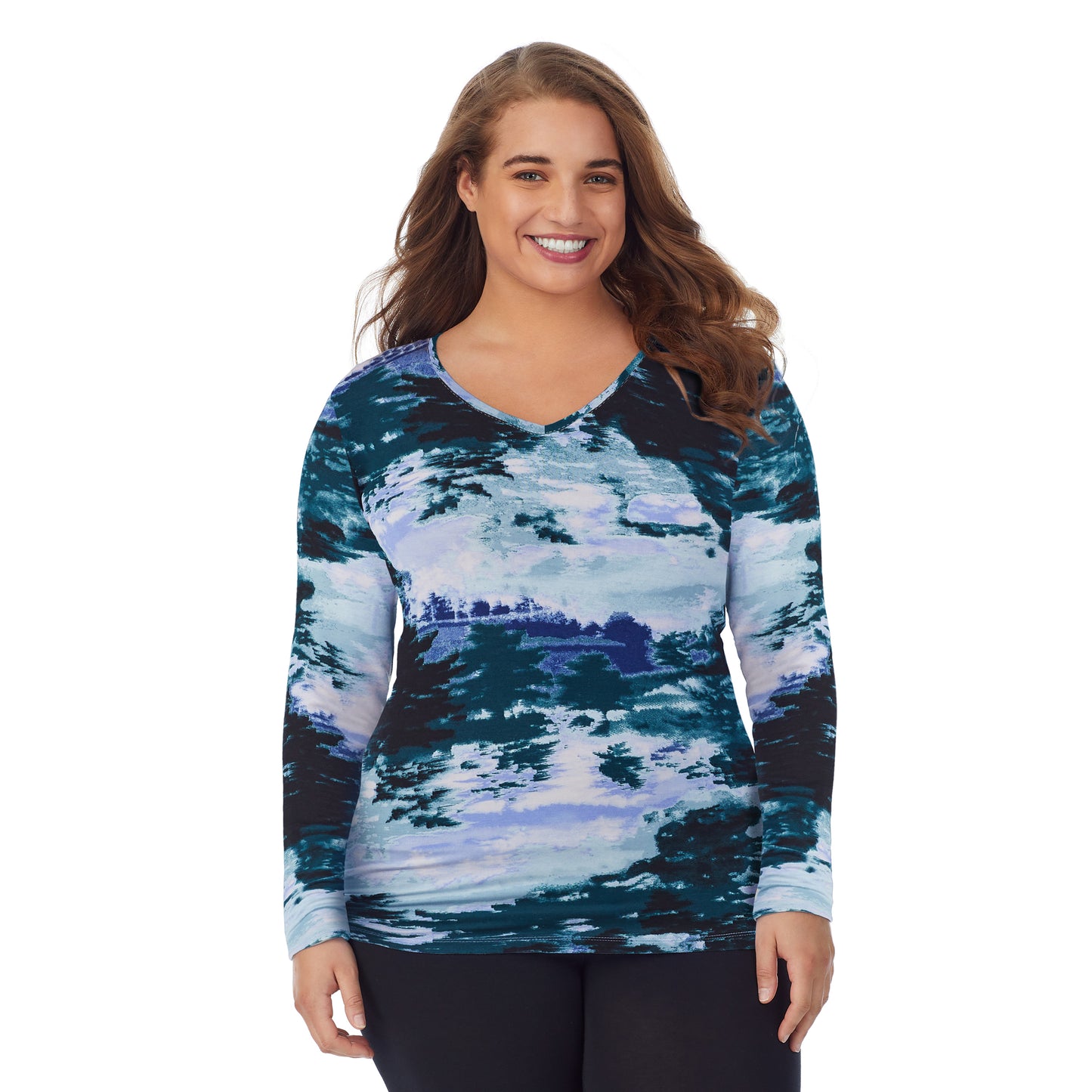 Green Misty Forest; Model is wearing size 1X. She is 5'7", Bust 42.5", Waist 34.5", Hips 46".@upper body of a lady wearing green forest long sleeve v-neck top