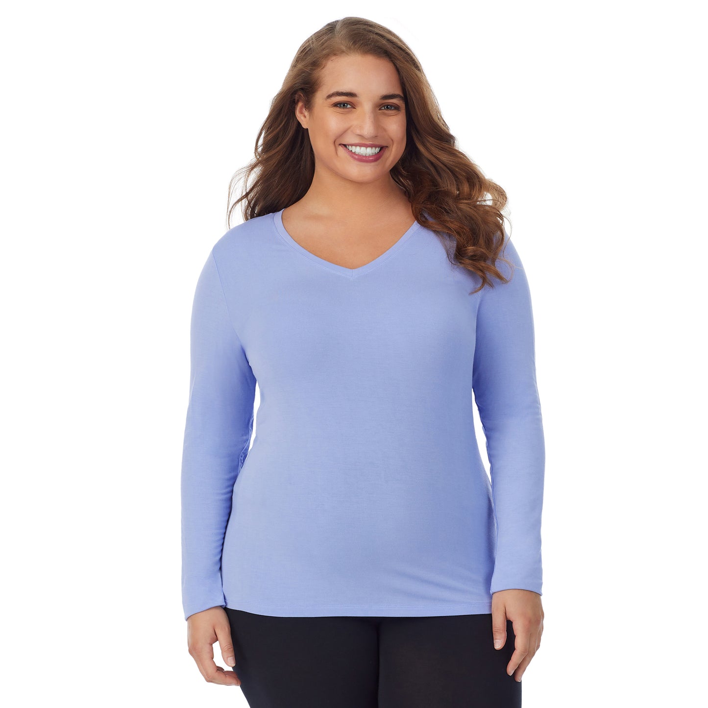 Peri Blue; Model is wearing size 1X. She is 5'7", Bust 42.5", Waist 34.5", Hips 46".@upper body of a lady wearing light blue long sleeve v-neck top