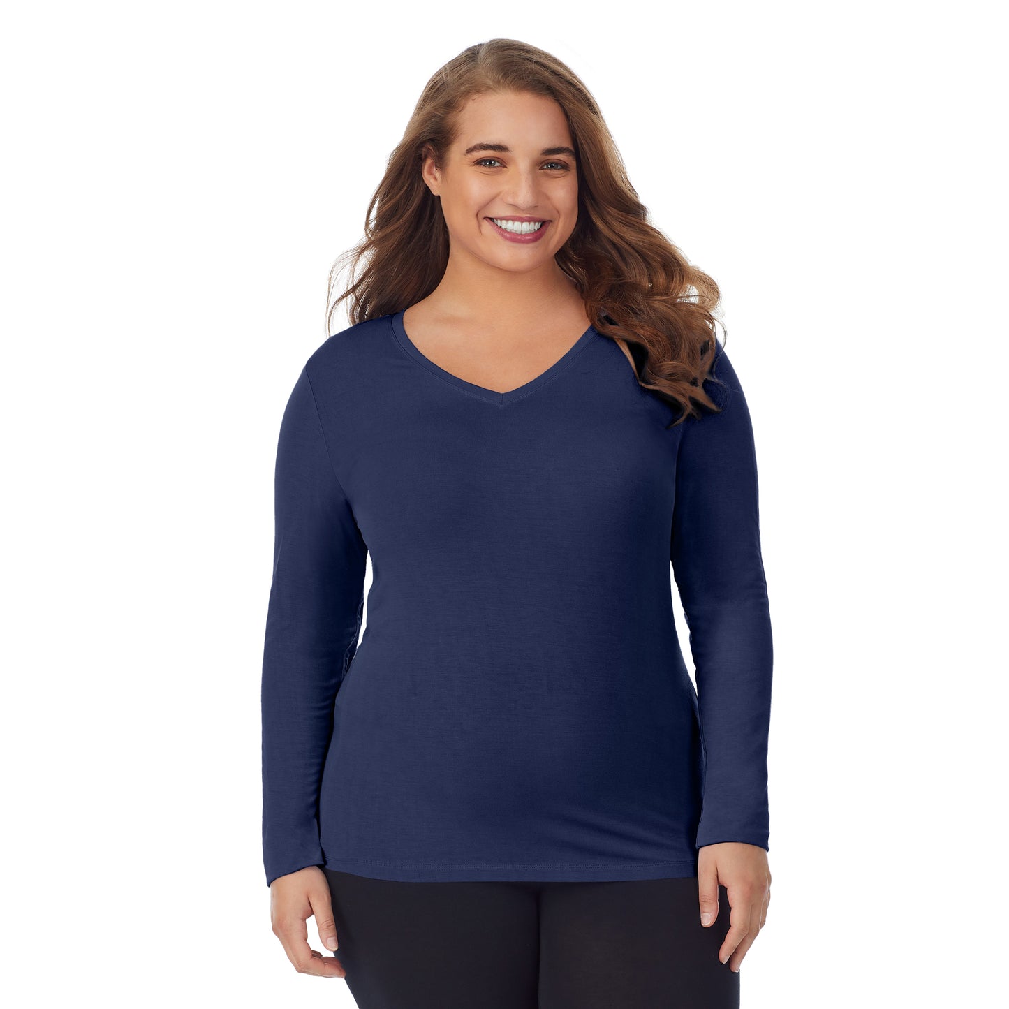 Dress Blues; Model is wearing size 1X. She is 5'7", Bust 42.5", Waist 34.5", Hips 46".@upper body of a lady wearing blue long sleeve v-neck top