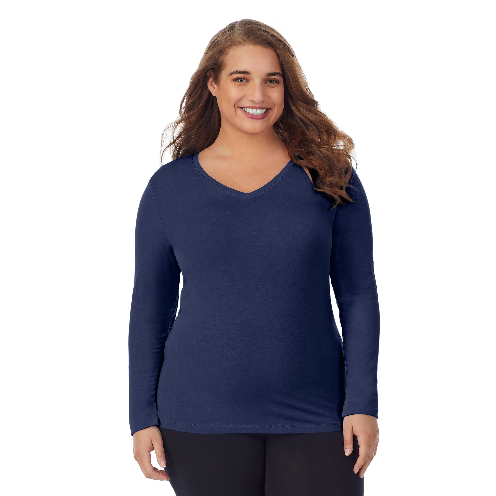 upper body of a lady wearing blue long sleeve v-neck top