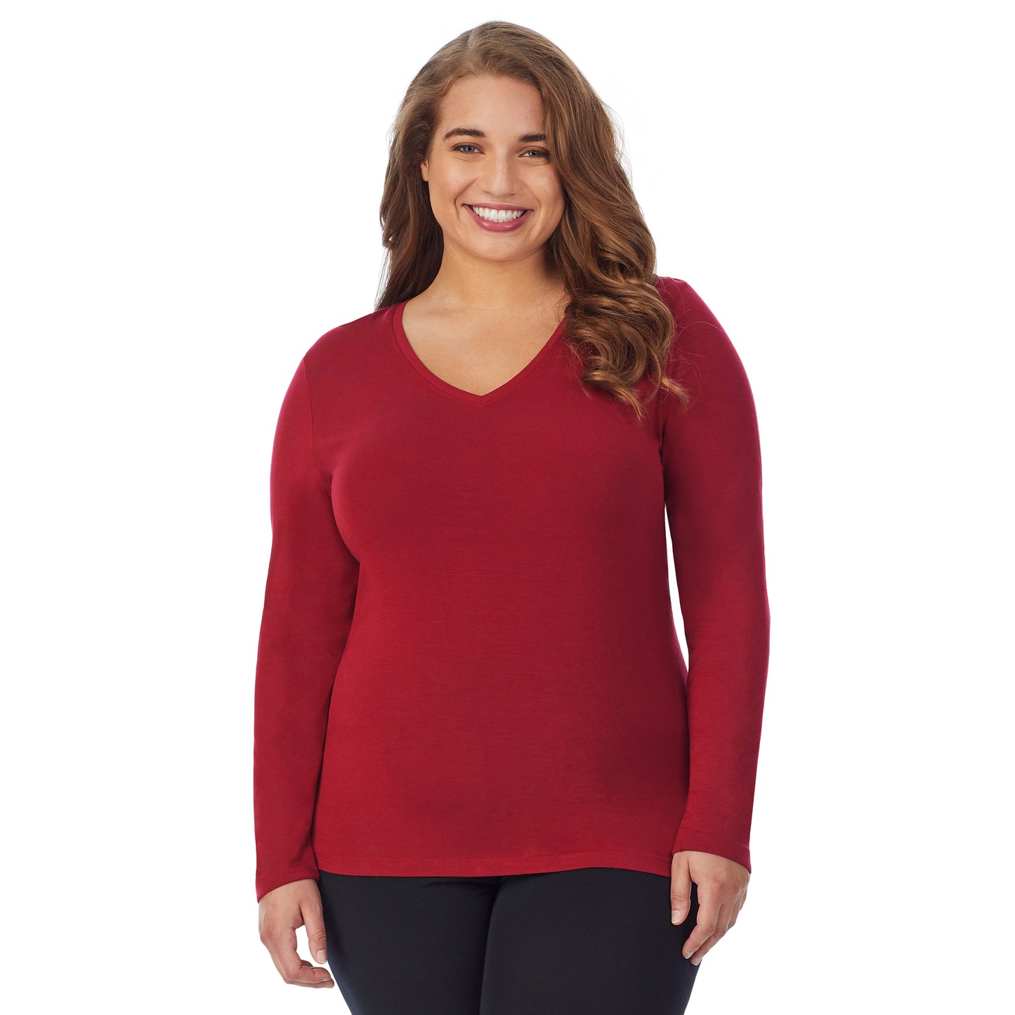 Rhubarb; Model is wearing size 1X. She is 5'7", Bust 42.5", Waist 34.5", Hips 46".@upper body of a lady wearing red long sleeve v-neck top