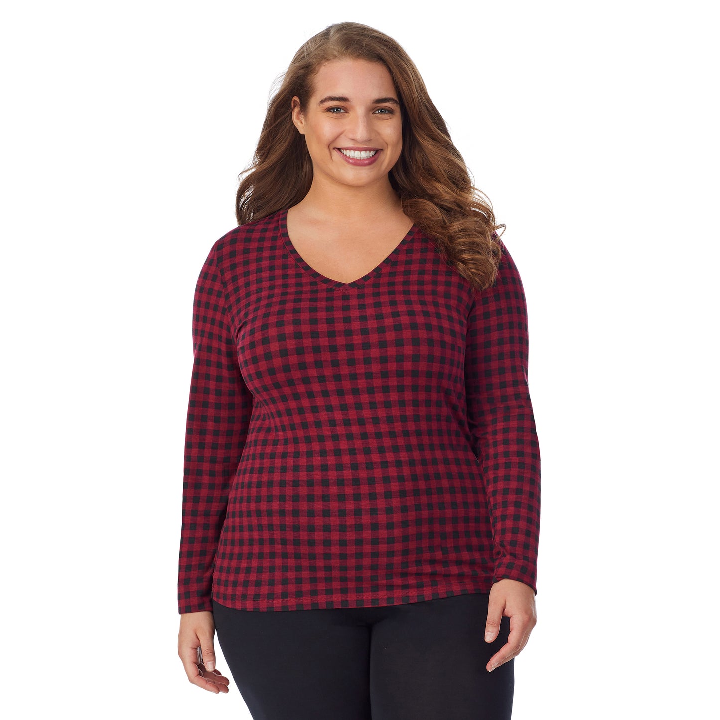 Rhubarb Buffalo; Model is wearing size 1X. She is 5'7", Bust 42.5", Waist 34.5", Hips 46".@upper body of a lady wearing red buffalo long sleeve v-neck top