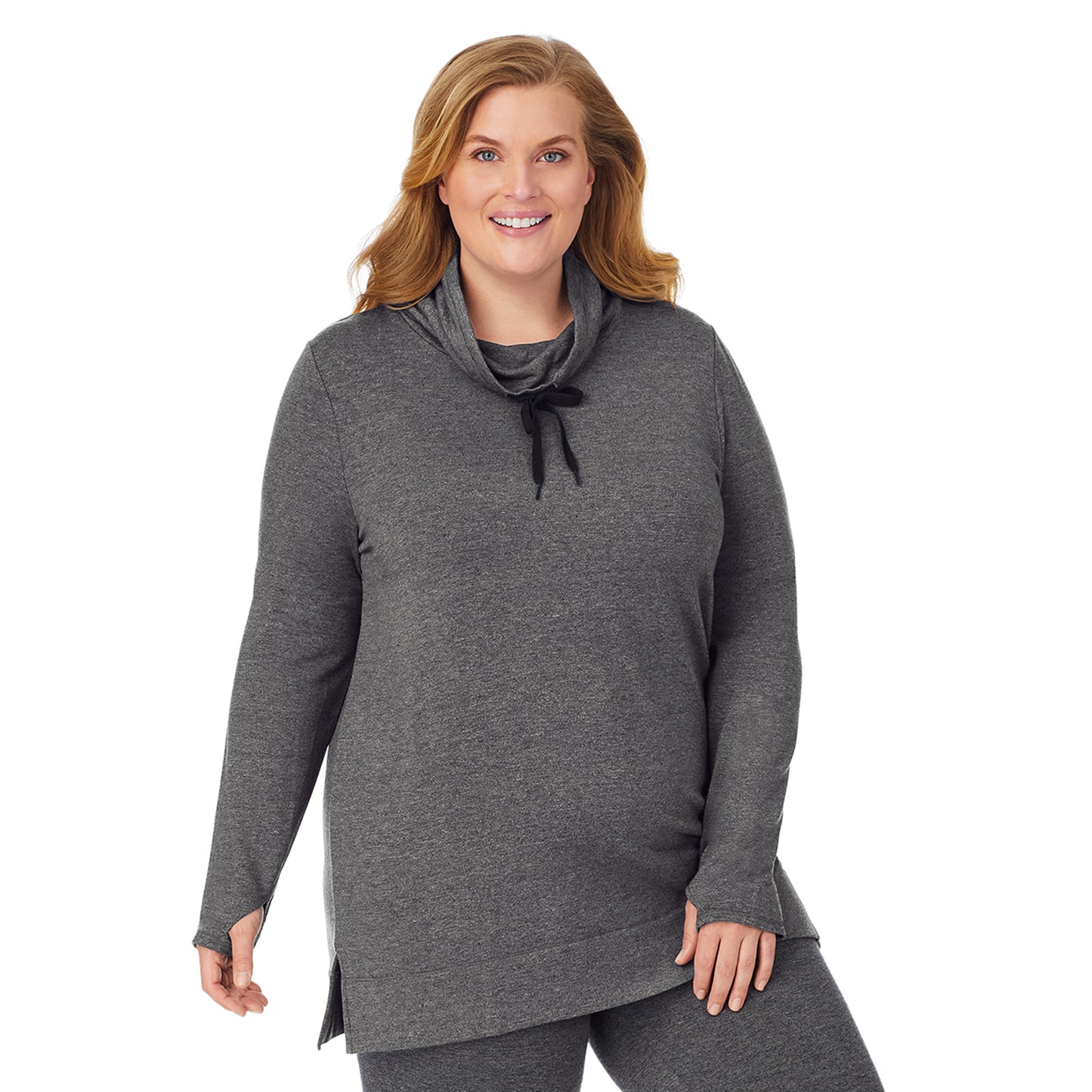 Charcoal Heather; Model is wearing size 1X. She is 5'9", Bust 38", Waist 36", Hips 48.5". @A lady wearing a charcoal heather long sleeve cowl neck tunic plus.