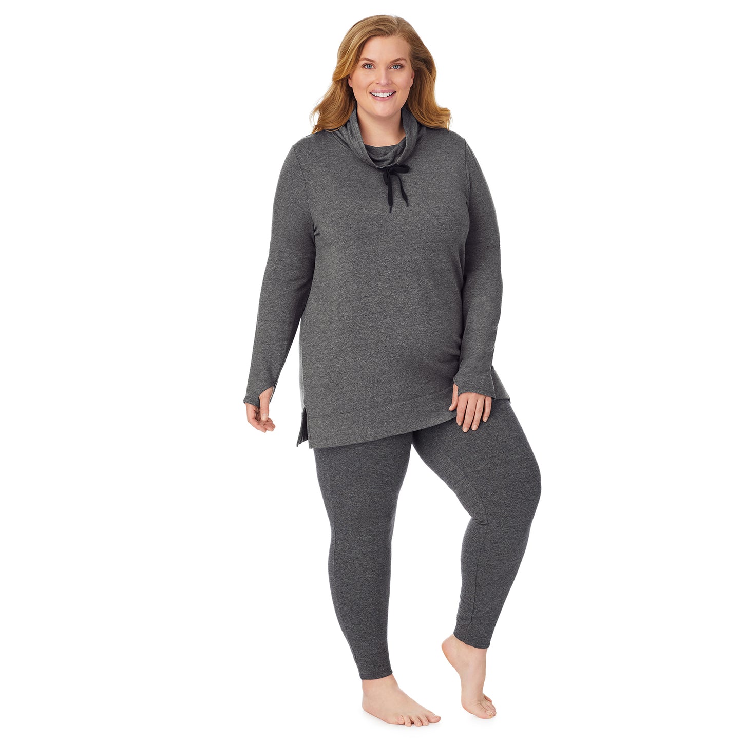 Charcoal Heather; Model is wearing size 1X. She is 5'9", Bust 38", Waist 36", Hips 48.5". @A lady wearing a charcoal heather long sleeve cowl neck tunic plus.