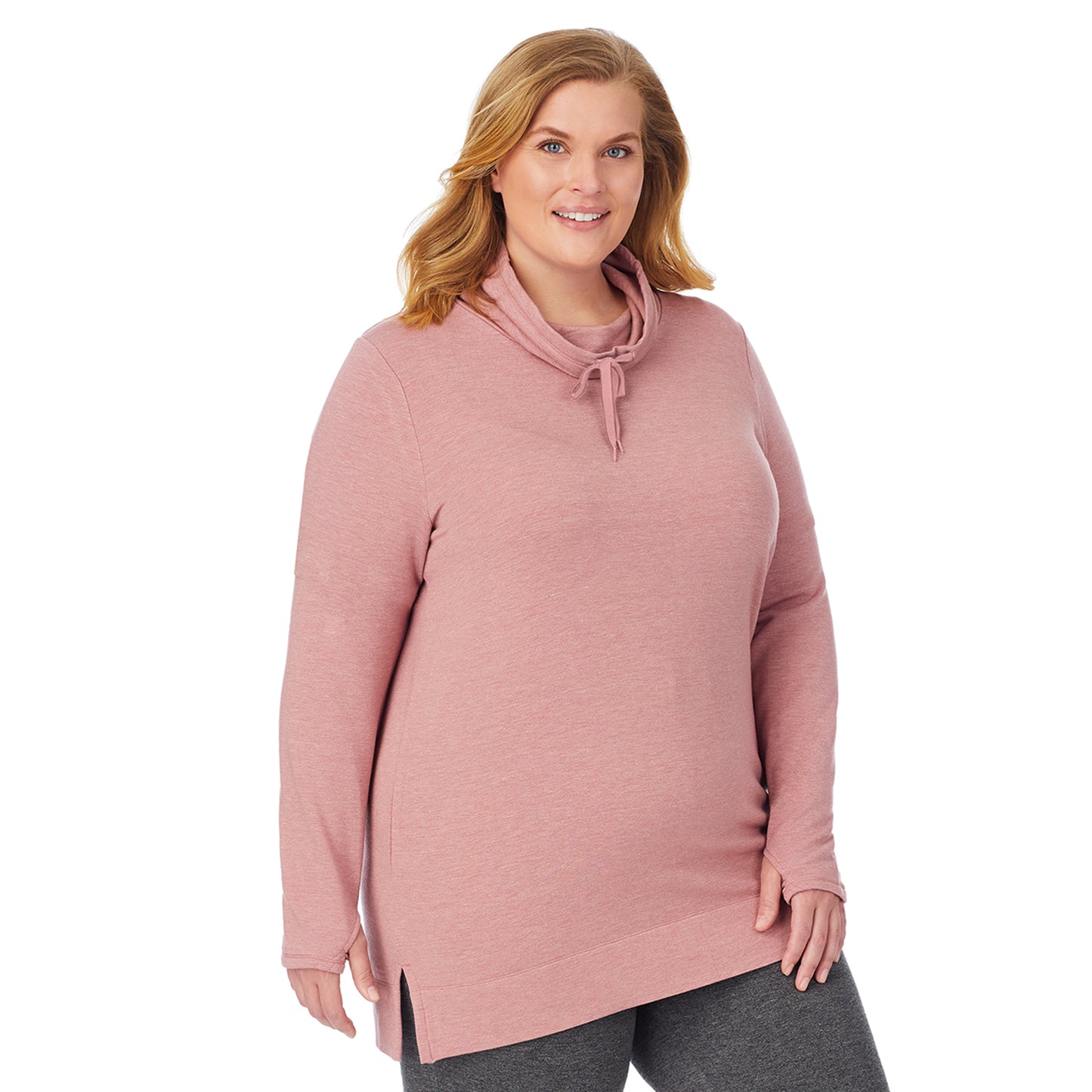 Mink Taupe Heather; Model is wearing size 1X. She is 5'9", Bust 38", Waist 36", Hips 48.5". @A lady wearing a mink taupe heather long sleeve cowl neck tunic plus.
