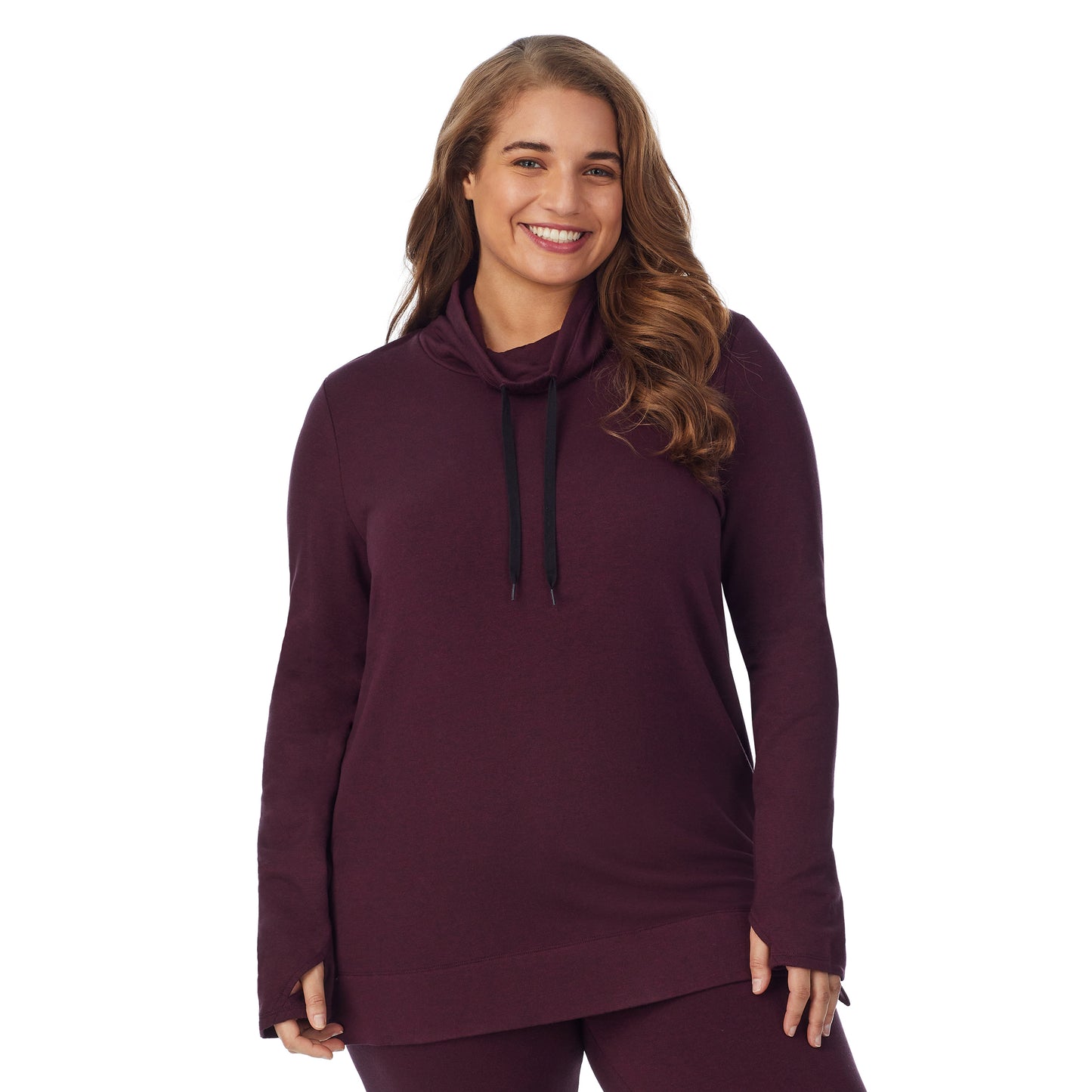Grape Heather; Model is wearing size 1X. She is 5'7", Bust 42.5", Waist 34.5", Hips 46". @A lady wearing a grape heather long sleeve cowl neck tunic plus.