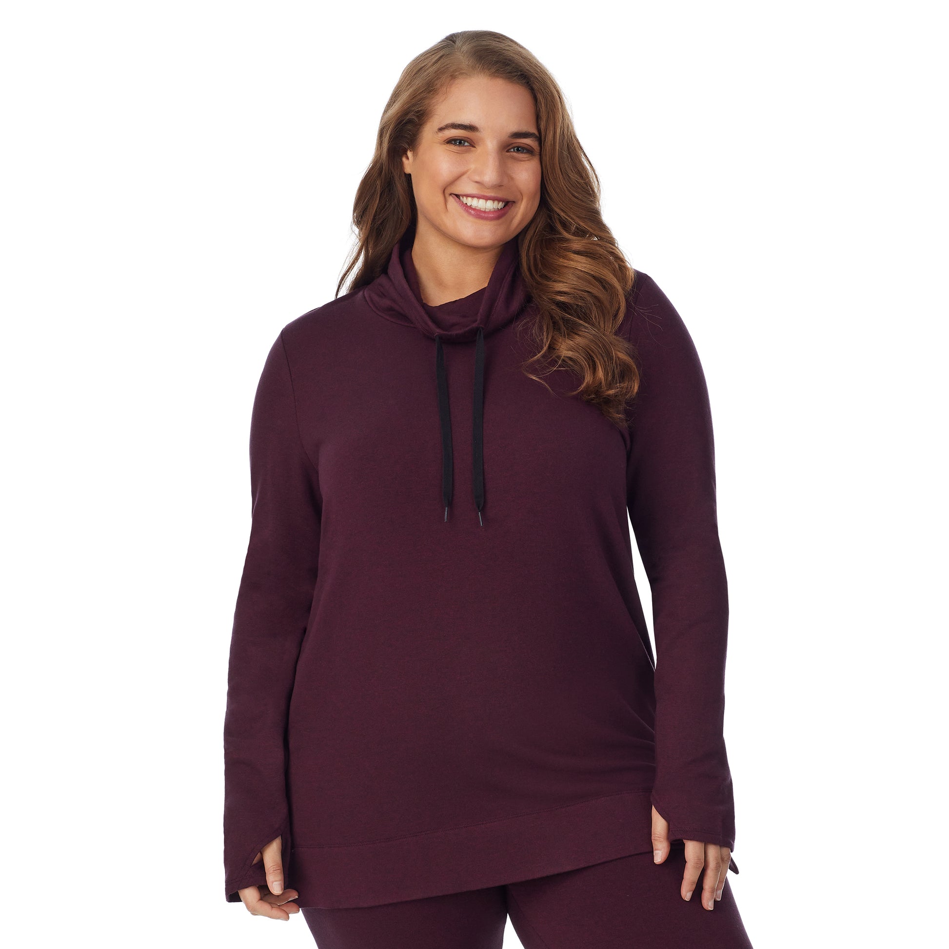 A lady wearing a grape heather long sleeve cowl neck  tunic plus.