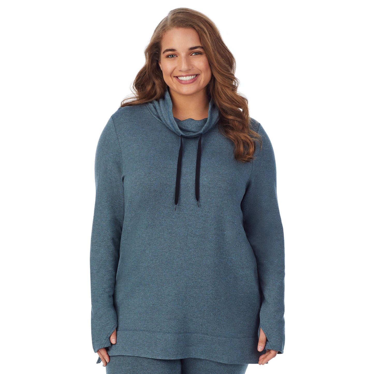 Cloud Blue Heather; Model is wearing size 1X. She is 5'7", Bust 42.5", Waist 34.5", Hips 46". @A lady wearing a cloud blue heather long sleeve cowl neck tunic plus.