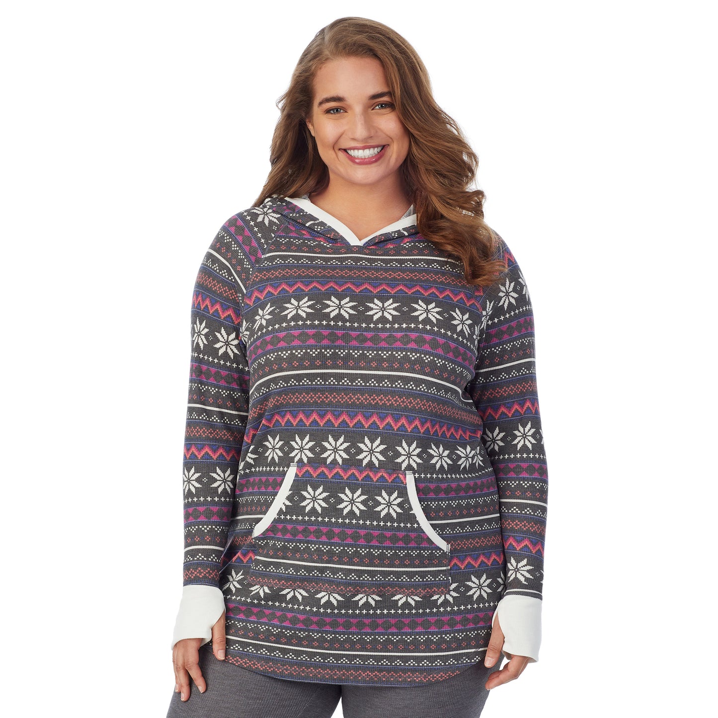 Grey Multi Fairisle; Model is wearing size 1X. She is 5'7", Bust 42.5", Waist 34.5", Hips 46". @A lady wearing a grey multi fairisle long sleeve hoodie tunic plus.