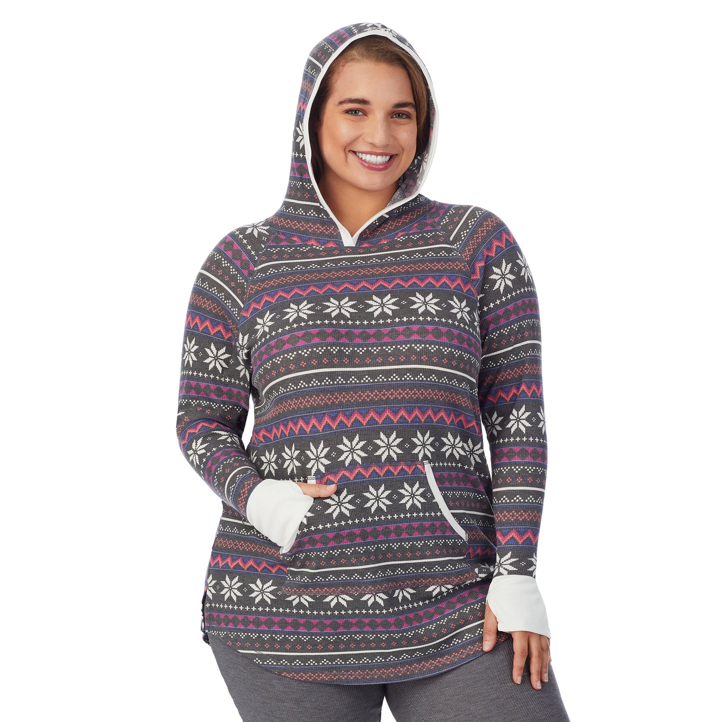 Grey Multi Fairisle; Model is wearing size 1X. She is 5'7", Bust 42.5", Waist 34.5", Hips 46". @A lady wearing a grey multi fairisle long sleeve hoodie tunic plus.