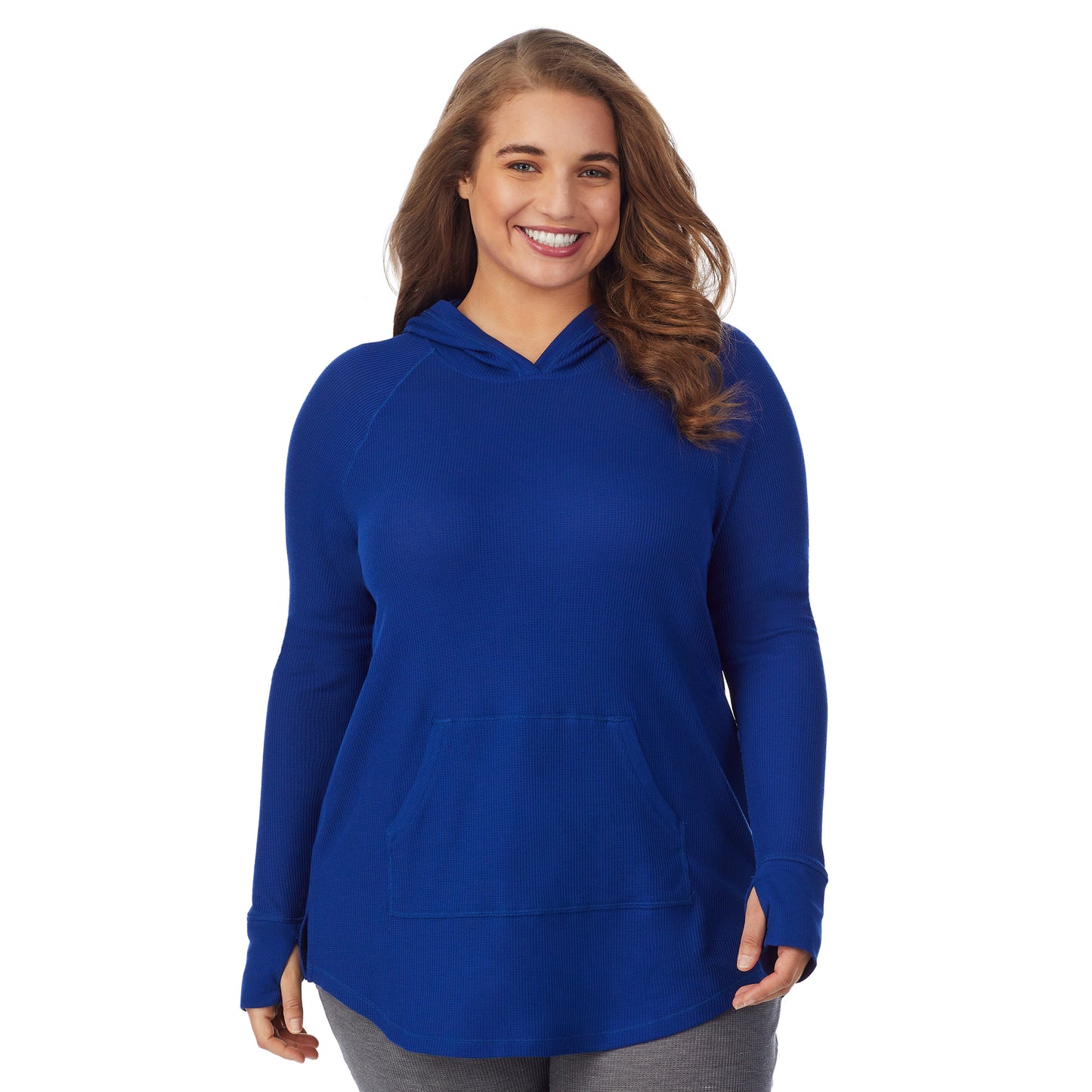 Royal Blue; Model is wearing size 1X. She is 5'7", Bust 42.5", Waist 34.5", Hips 46". @A lady wearing a royal blue long sleeve hoodie tunic plus.
