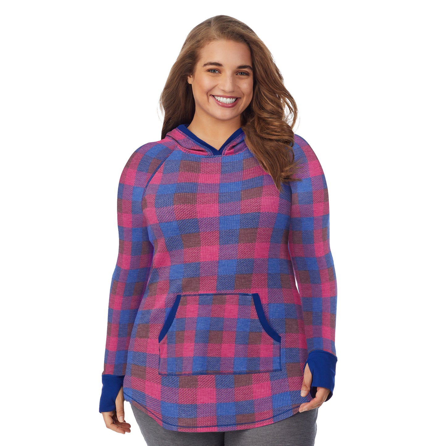 Grape Blue Buffalo Check; Model is wearing size 1X. She is 5'7", Bust 42.5", Waist 34.5", Hips 46". @A lady wearing a grape blue buffalo check long sleeve hoodie tunic plus.