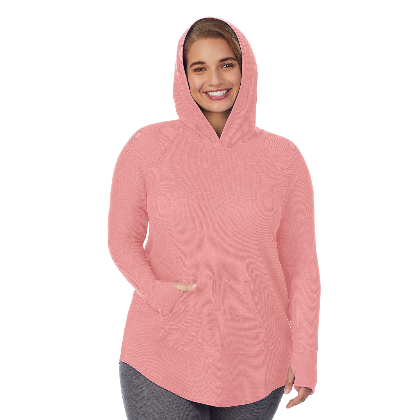 Bright Coral Heather; Model is wearing size 1X. She is 5'7", Bust 42.5", Waist 34.5", Hips 46". @A lady wearing a bright coral heather long sleeve hoodie tunic plus.