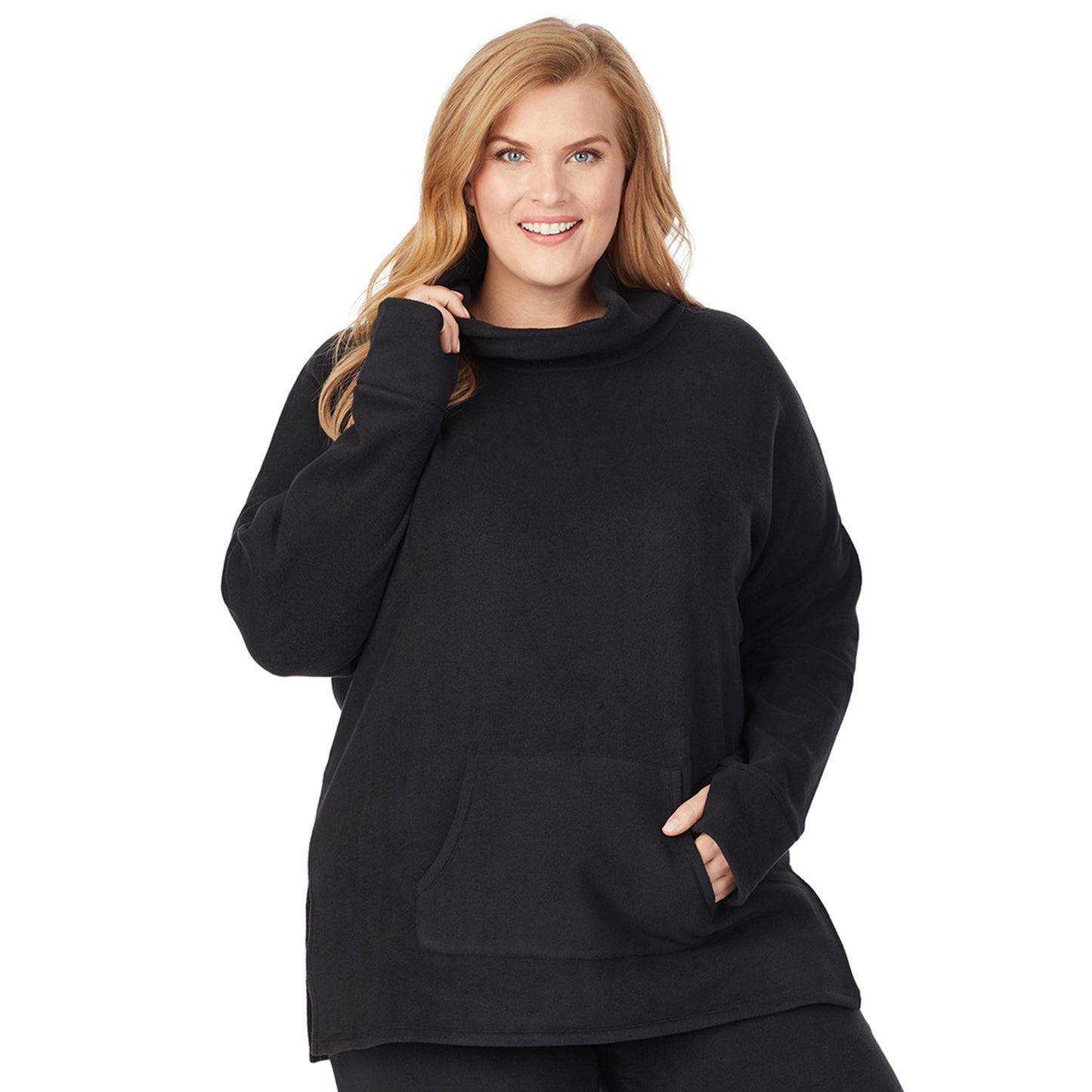 Black; Model is wearing size 1X. She is 5'9", Bust 38", Waist 36", Hips 48.5".@upper body of a lady wearing black long sleeve tunic