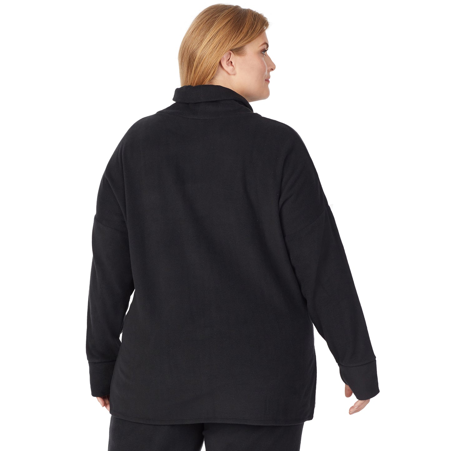 Black; Model is wearing size 1X. She is 5'9", Bust 38", Waist 36", Hips 48.5".@upper body of a lady wearing black long sleeve tunic