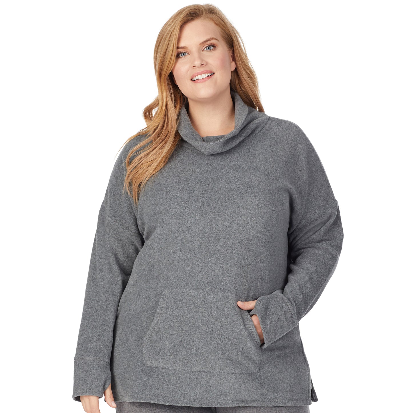 Charcoal Heather; Model is wearing size 1X. She is 5'9", Bust 38", Waist 36", Hips 48.5".@upper body of a lady wearing grey long sleeve tunic