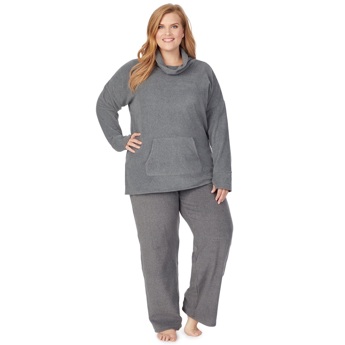 Charcoal Heather; Model is wearing size 1X. She is 5'9", Bust 38", Waist 36", Hips 48.5".@a lady wearing grey long sleeve tunic