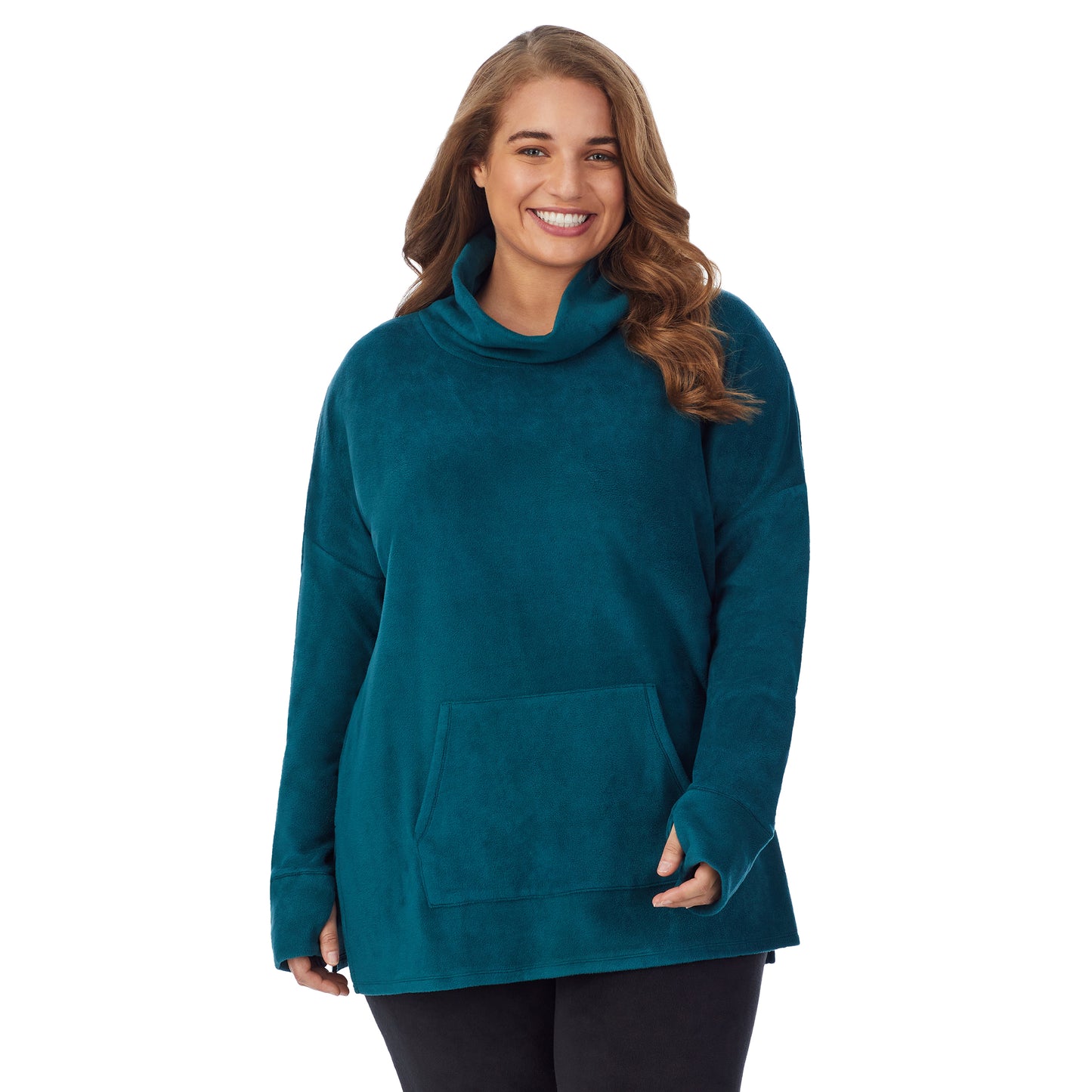 Viridian Green; Model is wearing size 1X. She is 5'7", Bust 42.5", Waist 34.5", Hips 46".@upper body of a lady wearing grey long sleeve tunic