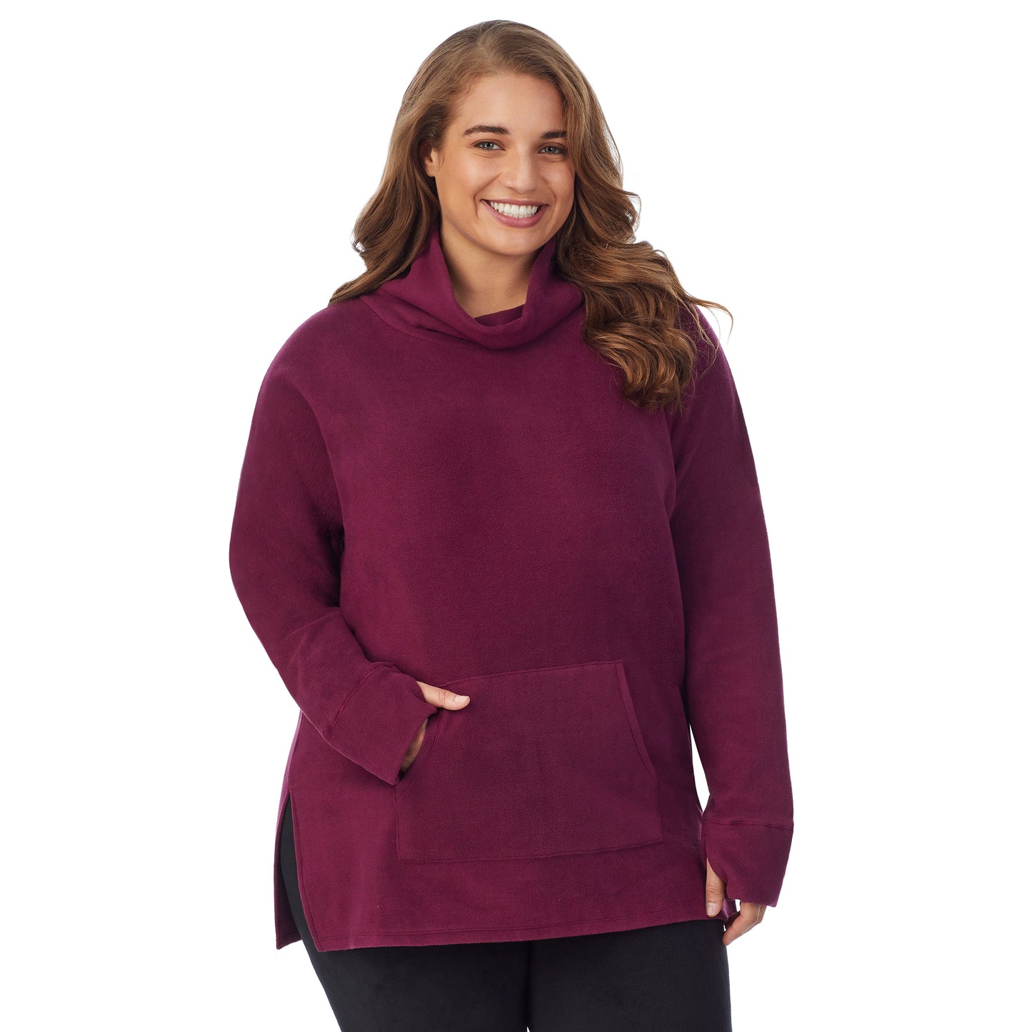 Grape; Model is wearing size 1X. She is 5'7", Bust 42.5", Waist 34.5", Hips 46".@upper body of a lady wearing grape long sleeve tunic