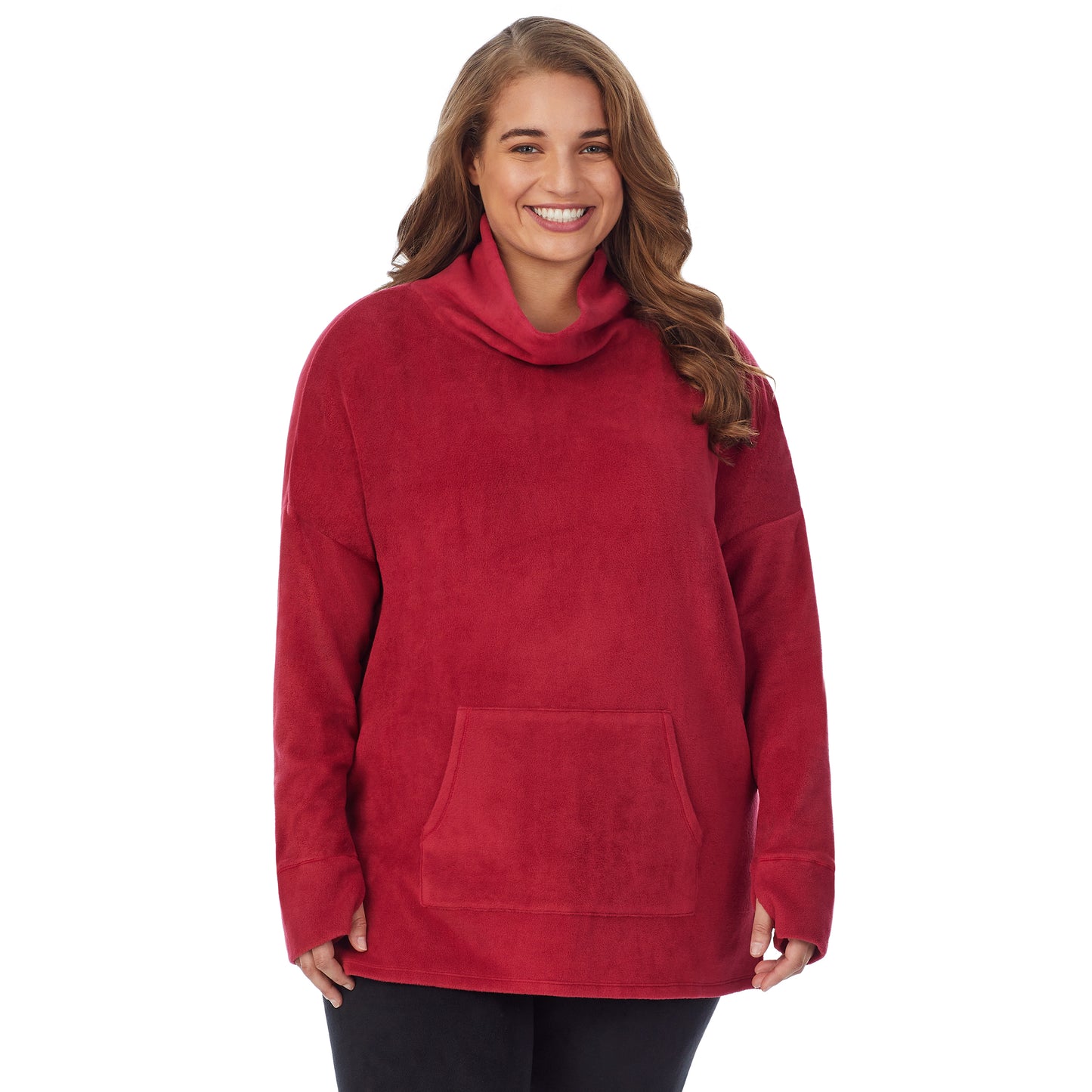 Rhubarb;Model is wearing size 1X. She is 5'7", Bust 42.5", Waist 34.5", Hips 46".@upper body of a lady wearing red long sleeve tunic