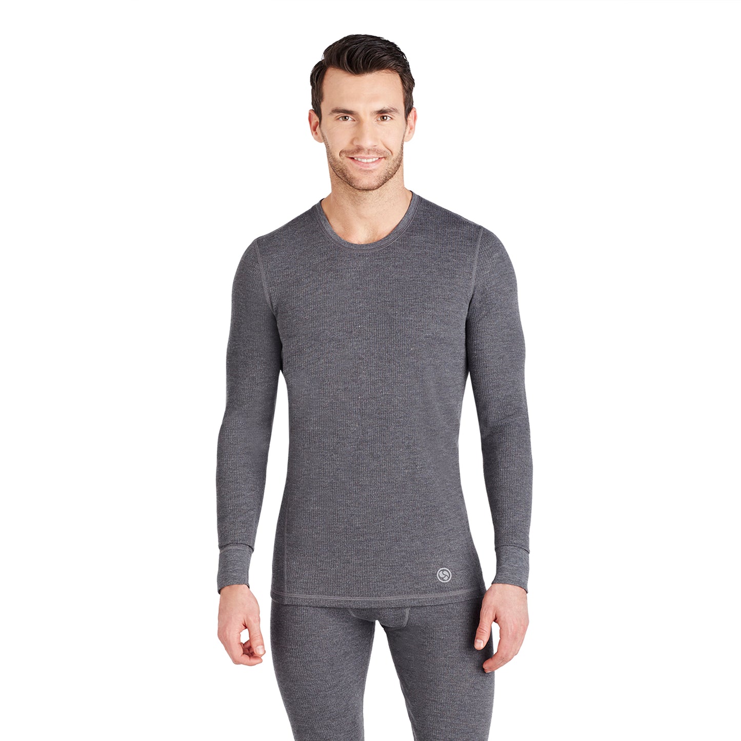 Grey Heather;Model is wearing size M. He is 6'1", Waist 30.5", Inseam 32".@ A lady wearingMens Far-Infrared Enhance Sleep Full Zip Hoodie with Grey Heather print