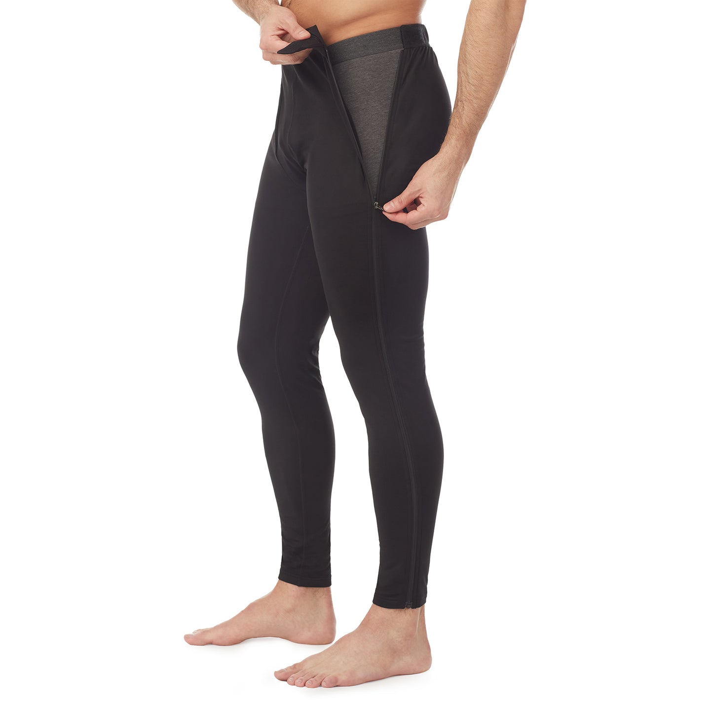 Black; Model is wearing size M. He is 6'1", Waist 32", Inseam 32".@lower body of a man wearing black zip off pant