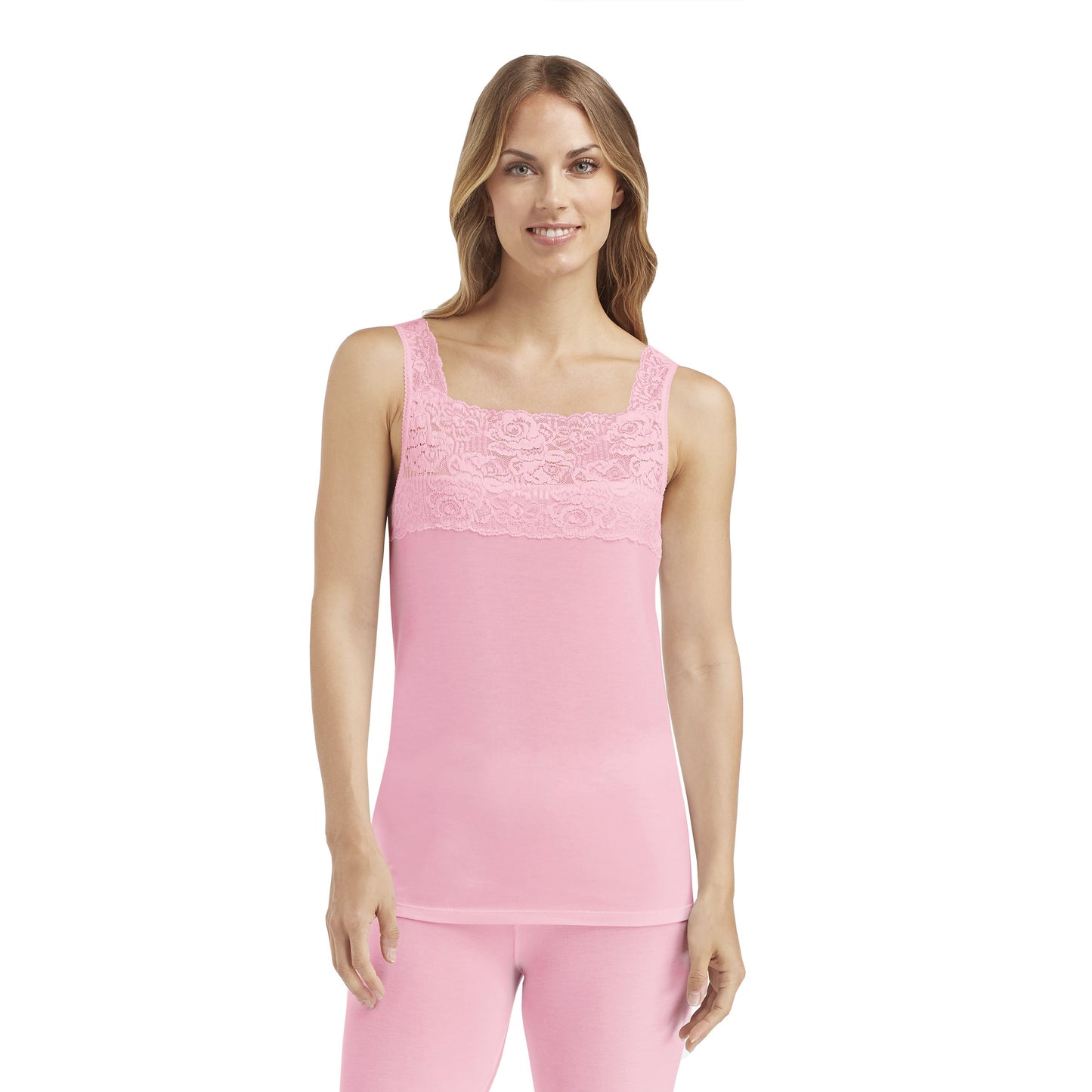 Soft Pink;Model is wearing size S. She is 5’9”, Bust 34”, Waist 26”, Hips 36”.@A lady wearing soft pink softech stretch lace detail cami.