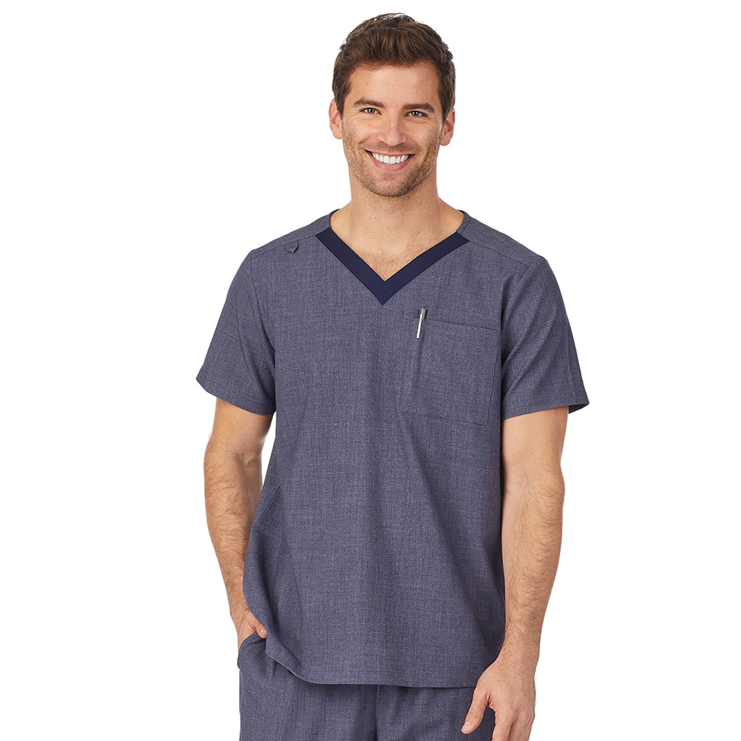Navy Heather;Model is wearing size M. He is 6'2", Waist 32", Inseam 32".@A man wearing black ceil heather scrub v-neck top with chest pocket.