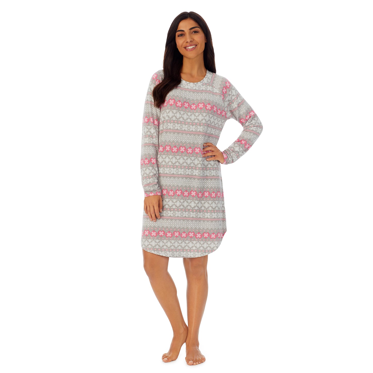 Grey Fairisle; Model is wearing size S. She is 5’7”, Bust 32”, Waist 25”, Hips 35”. @A lady wearing grey long sleeve sleepshirt with white and pink fairisle print