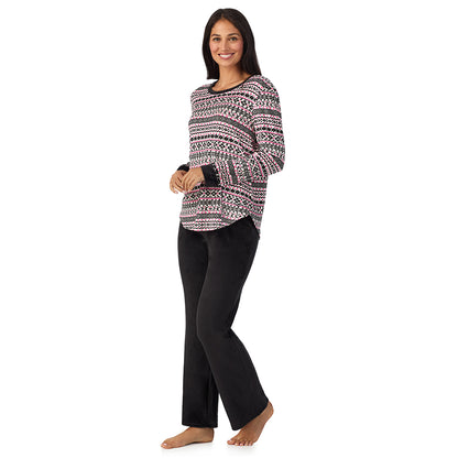A lady wearing Silky Velour Long Sleeve Pullover with Boot Cut Pant 2-Pc Pajama Set