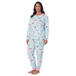 A lady wearing Brushed Sweater Knit Long Sleeve Top with Jogger 2-Pc Pajama Set PLUS