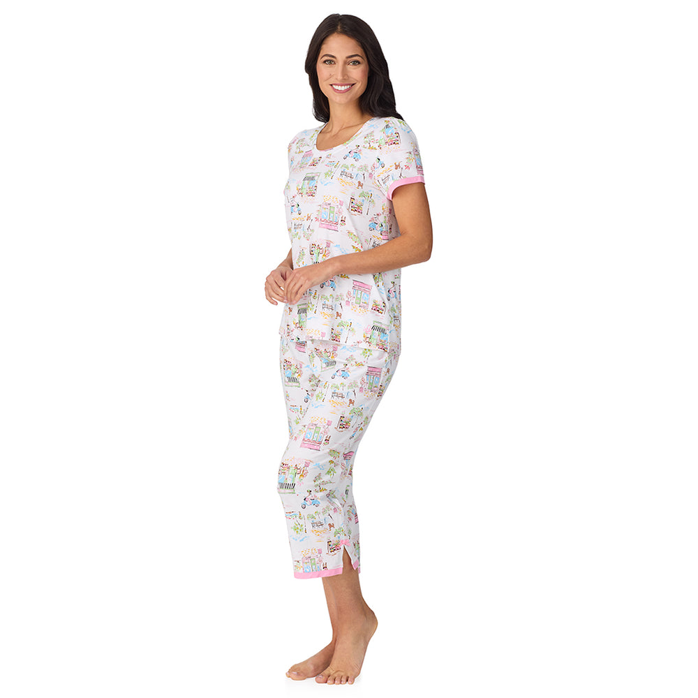 A lady wearing Cotton-Blend Short Sleeve Top with Cropped Pant 2-Pc Pajama Set in Spring Scene