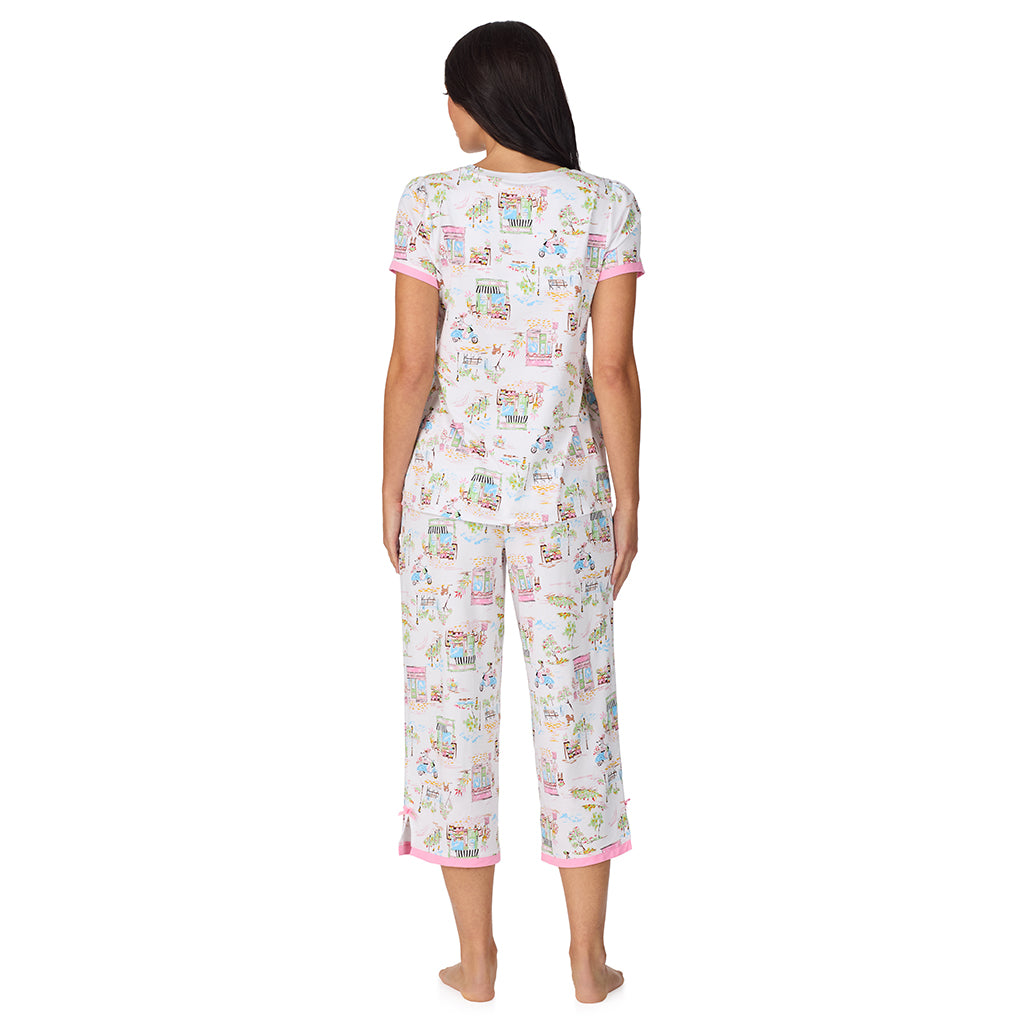 A lady wearing Cotton-Blend Short Sleeve Top with Cropped Pant 2-Pc Pajama Set in Spring Scene