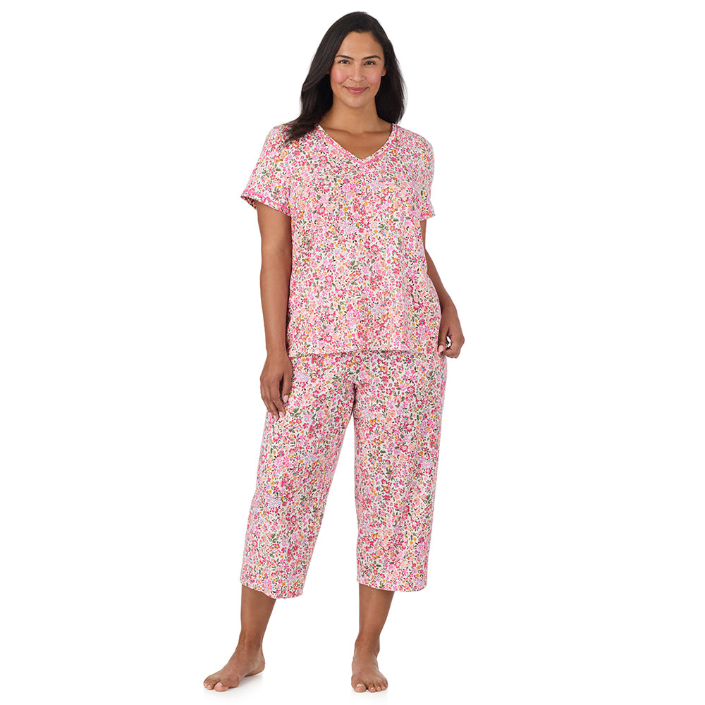 A lady wearing Cotton-Blend Short Sleeve Top with Cropped Pant Pajama Set PLUS in Floral Pink Ditsy looking front