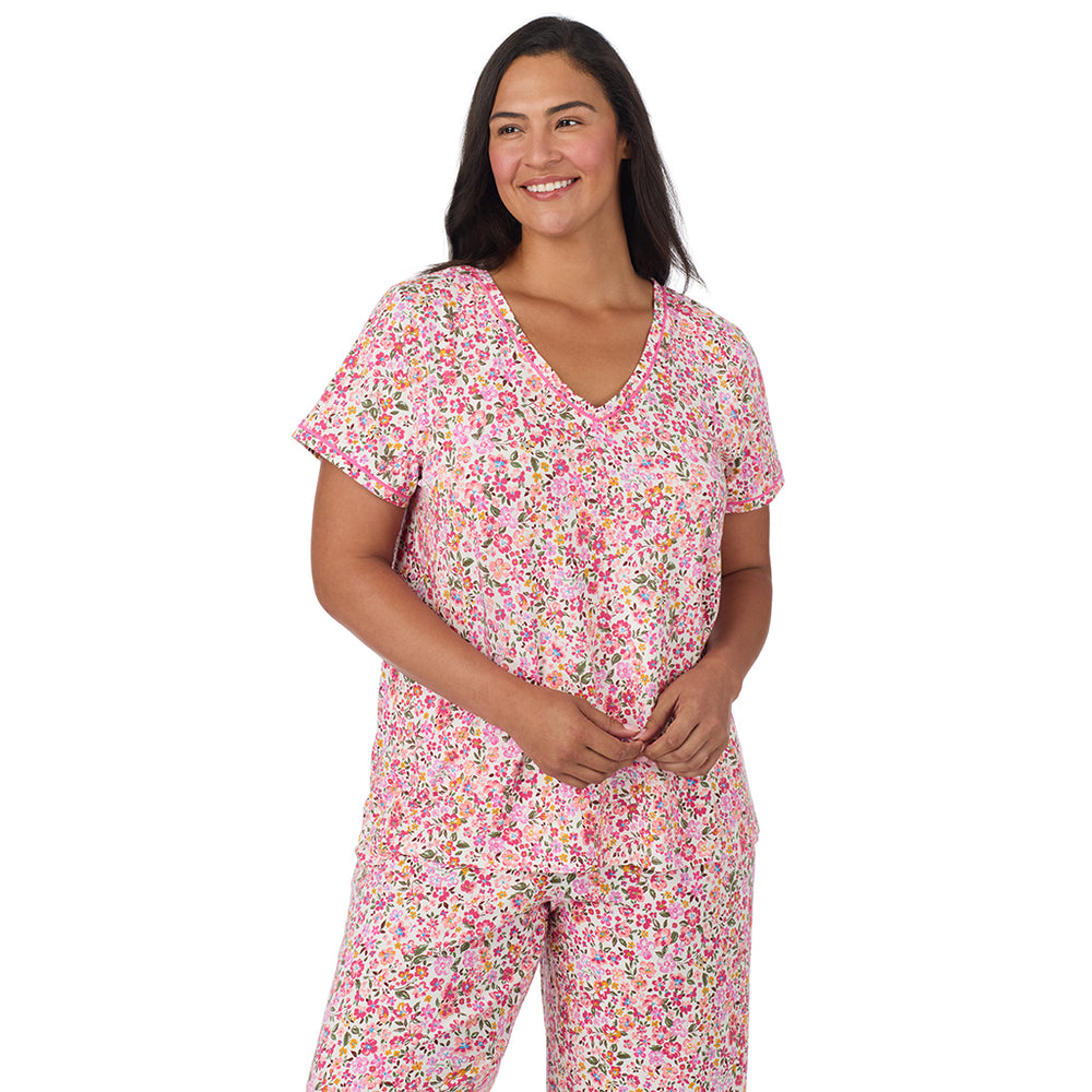 A lady wearing Cotton-Blend Short Sleeve Top with Cropped Pant Pajama Set PLUS in Floral Pink Ditsy closer look