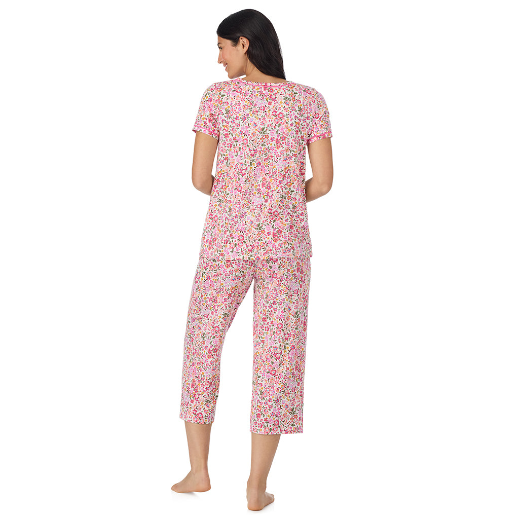 A lady wearing Cotton-Blend Short Sleeve Top with Cropped Pant Pajama Set floral pink ditsy back view